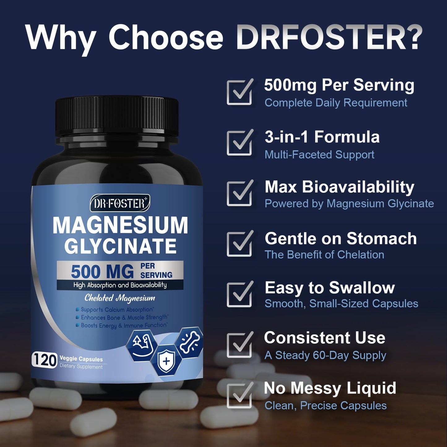 DRFOSTER Magnesium Glycinate 500mg with Zinc & Vitamin D3, 120 Veggie Capsules