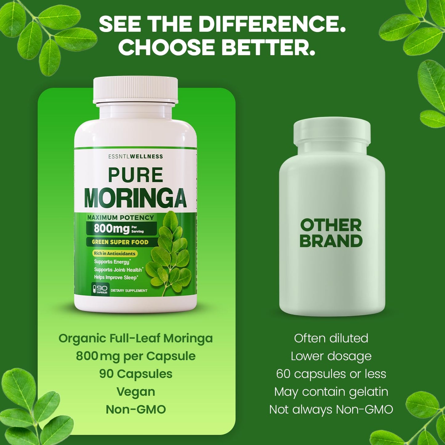 ESSNTLWELLNESS Moringa 800mg Capsules 90 Count