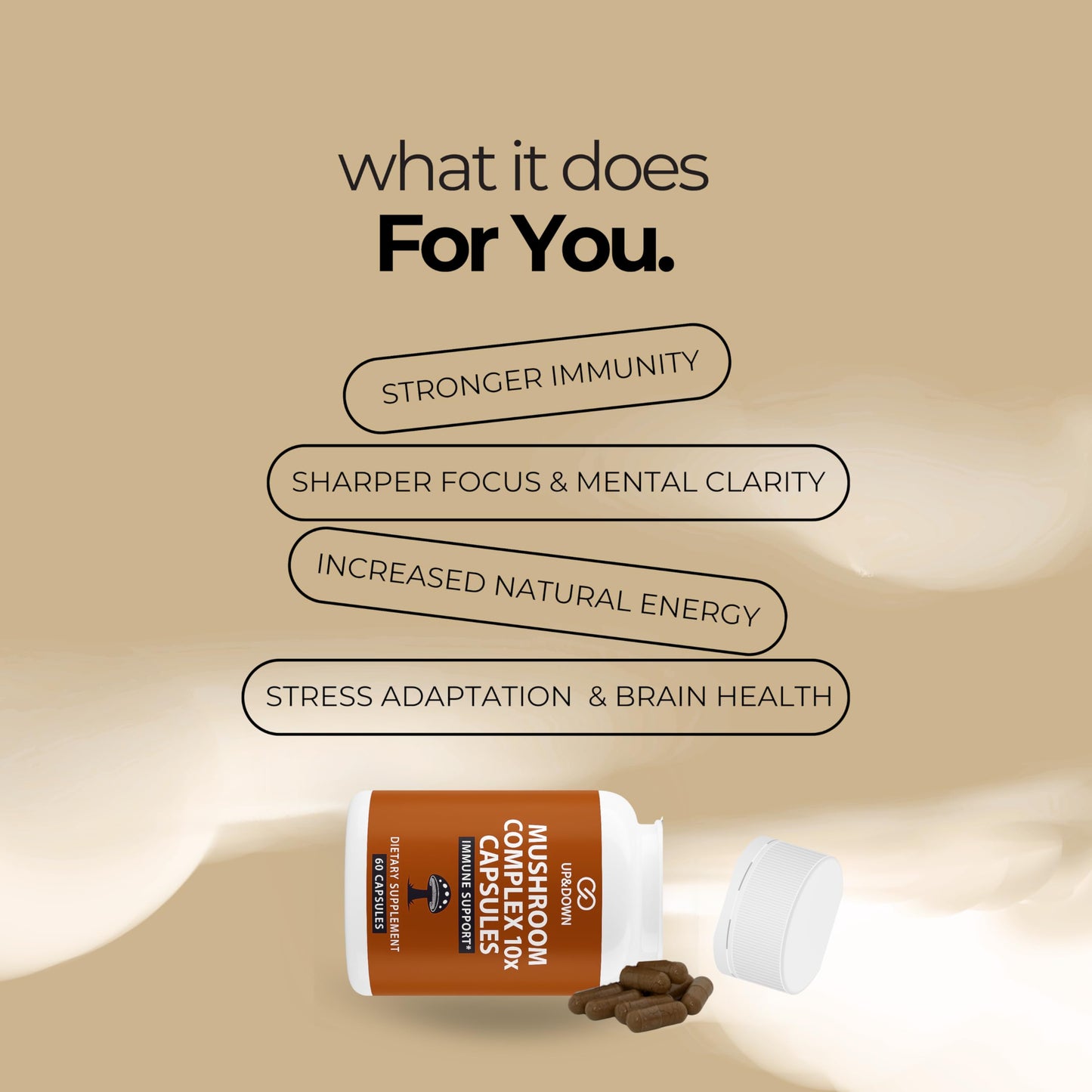 Up&Down Supplements Mushroom Complex 10X Brain Focus Immune Support Energy & Clarity Lions Mane Cordyceps Reishi Chaga Turkey Tail Blend 60 Capsules