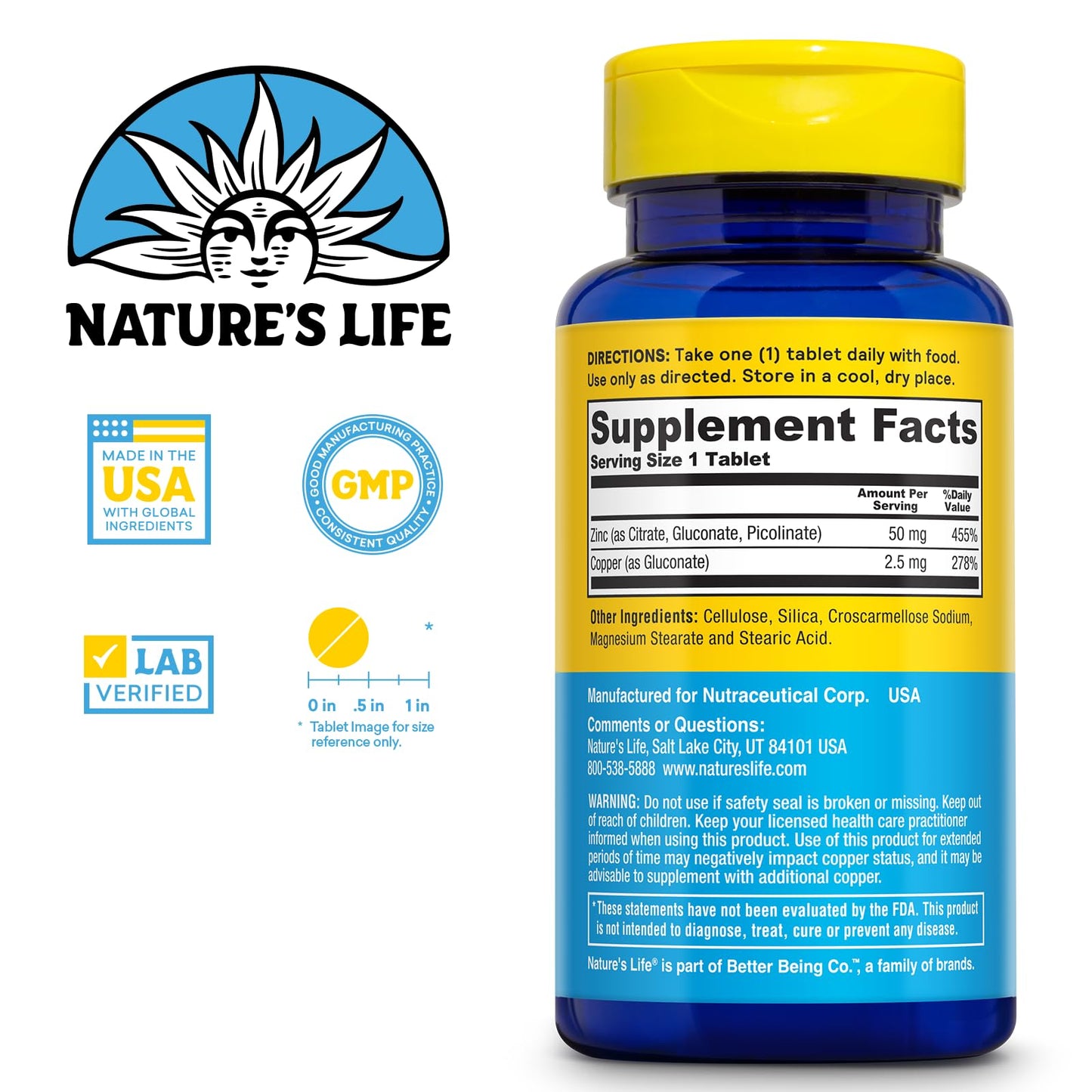 Nature's Life Protecting Zinc 50mg with 2.5mg Copper Chelated Zinc Supplement Tablet, 100 Count