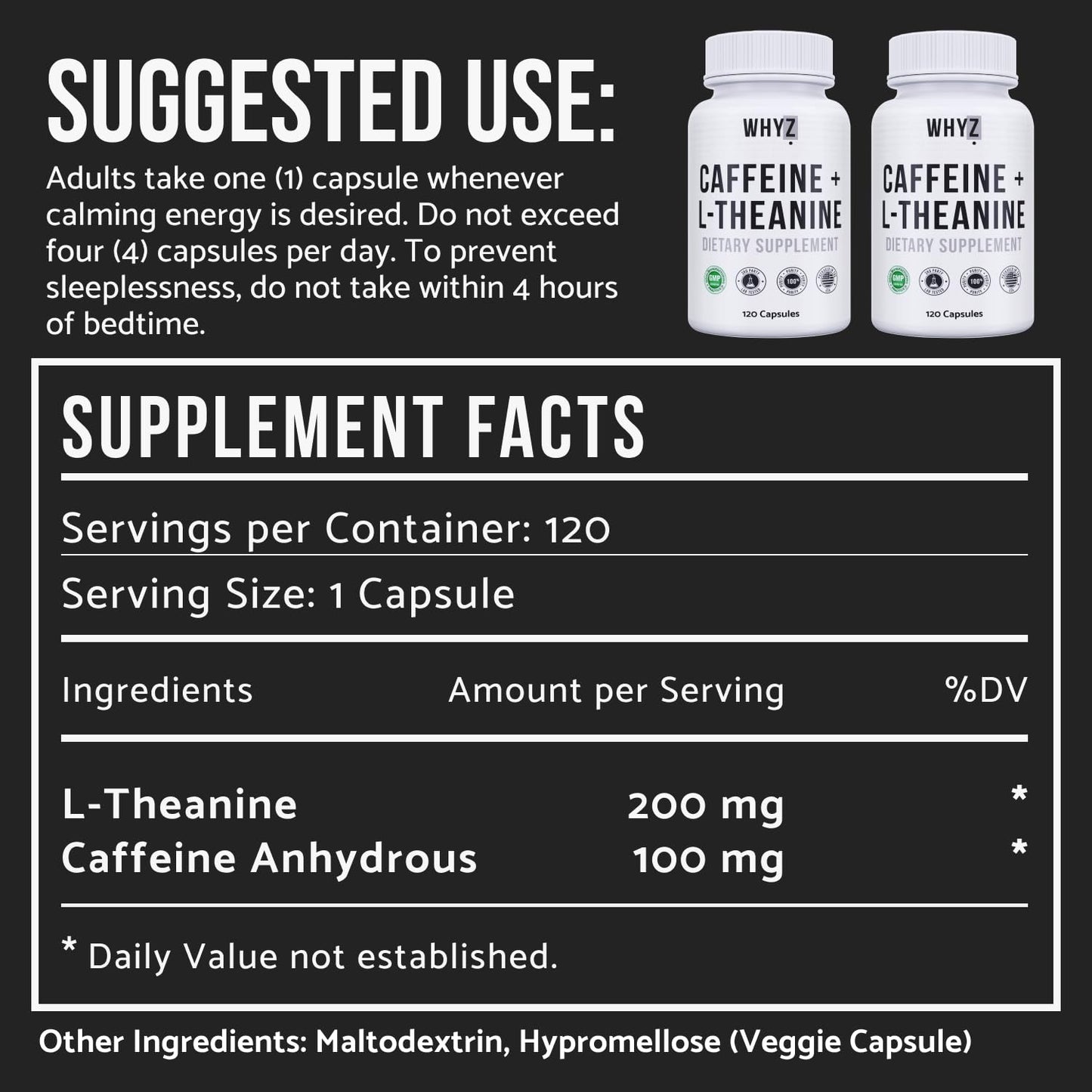 WHYZ Caffeine Pills with L-Theanine Capsules, 120 Capsules