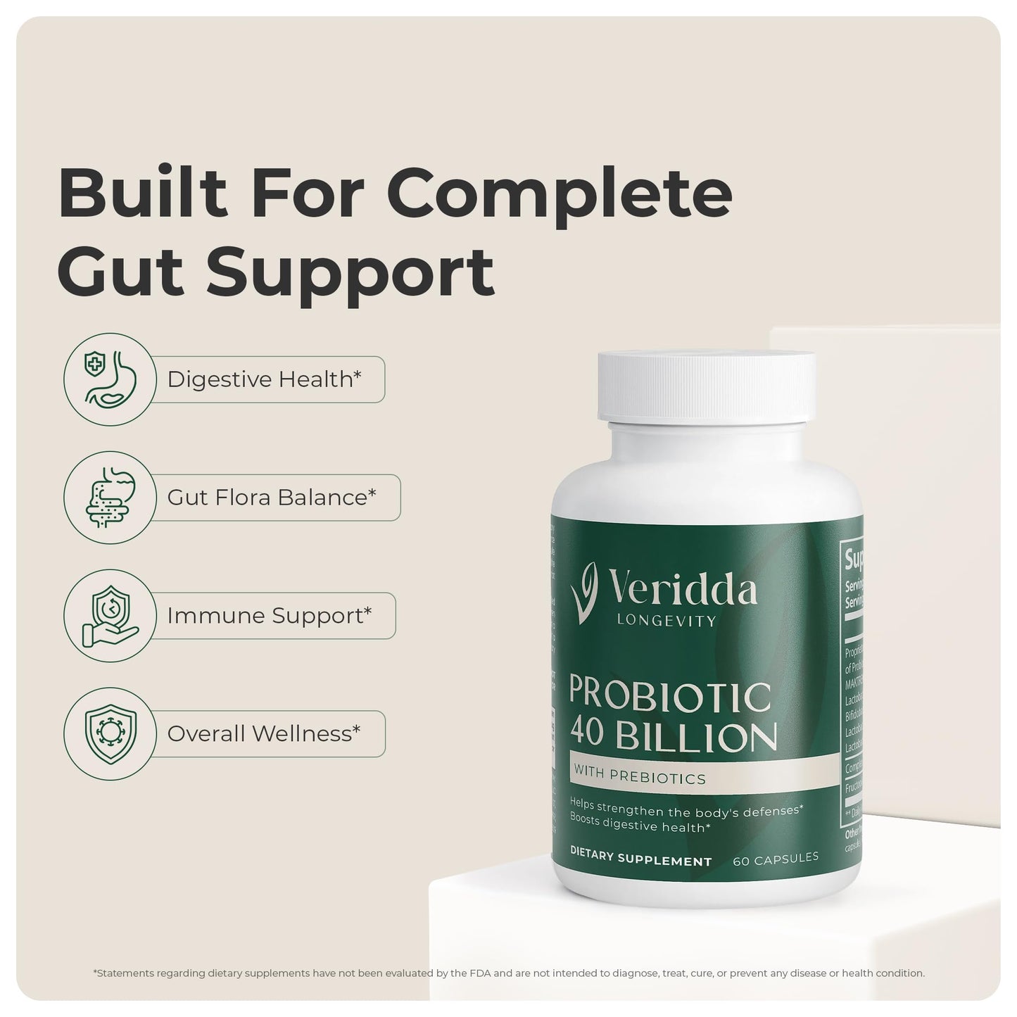 Veridda Longevity Probiotic 40 Billion with Prebiotics, Daily Gut Health for Women & Men, Digestive Support, 60 Capsules