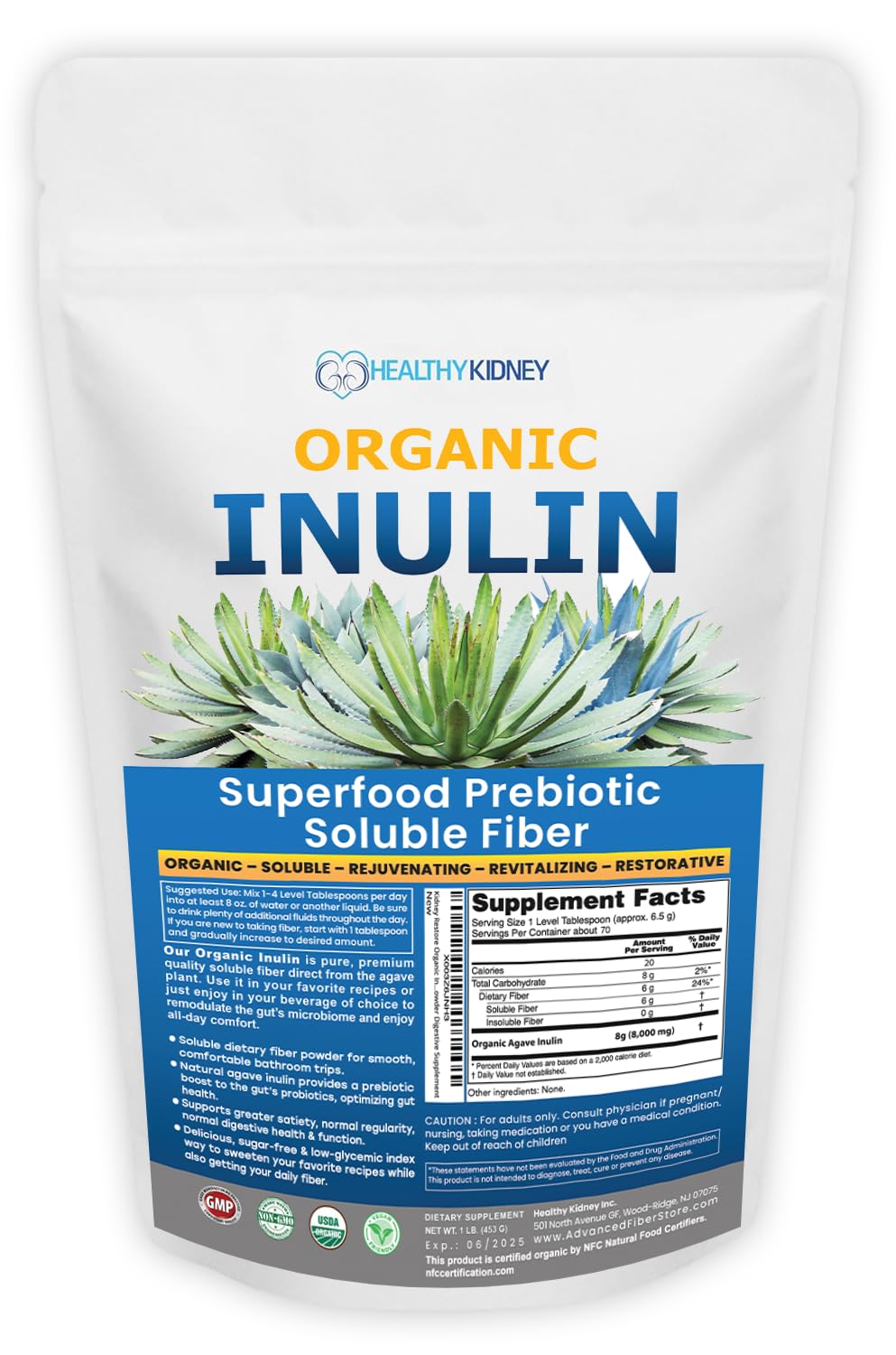 Kidney Restore Organic Inulin Powder, 16 oz, Prebiotic Soluble Fiber