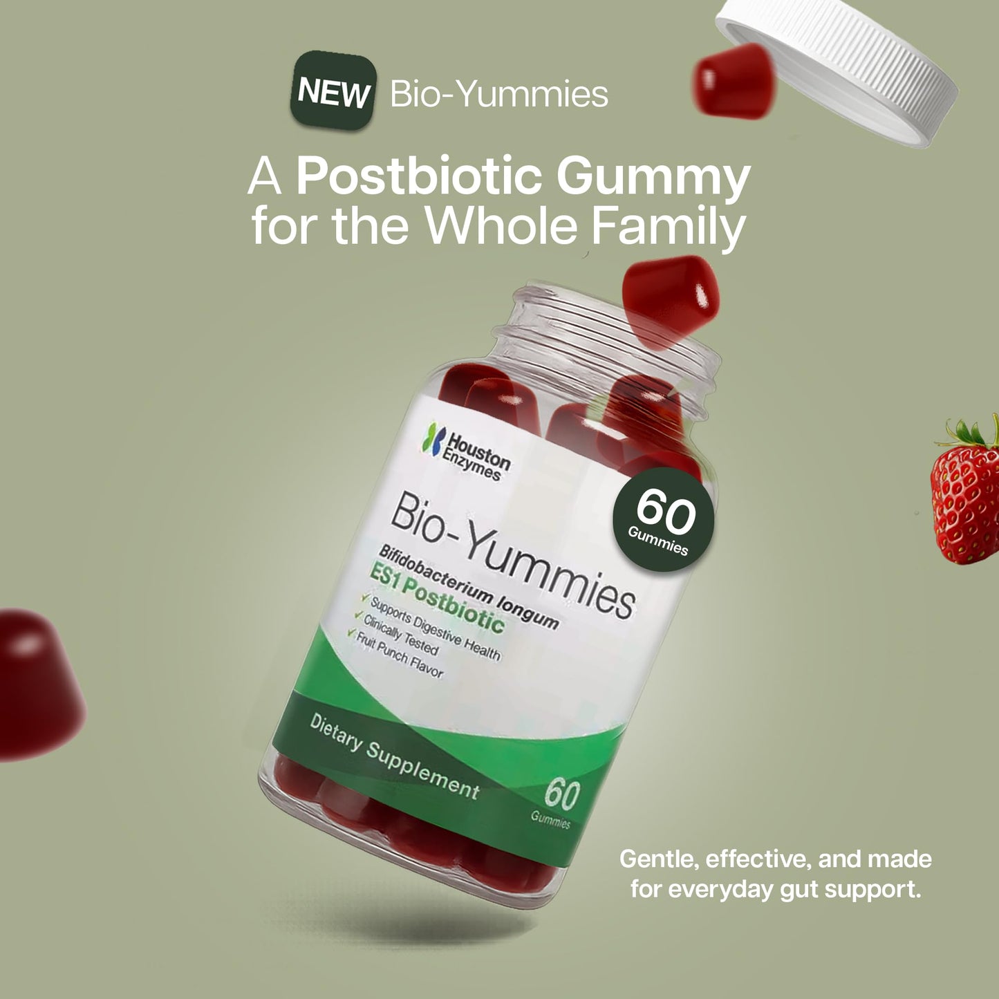 Houston Enzymes BioYummies Postbiotic Digestive Health Supplement with ES1 Postbiotics, Gut Health for Men & Women, Metabolites from Prebiotics and Probiotics, 60 Fruit Punch Flavor Chewable Gummies, 1 Count