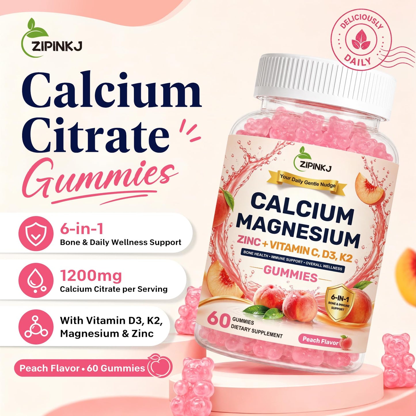 ZIPINKJ Calcium Citrate Gummies 1200mg with Vitamin D3 Sugar-Free, 120 Gummies