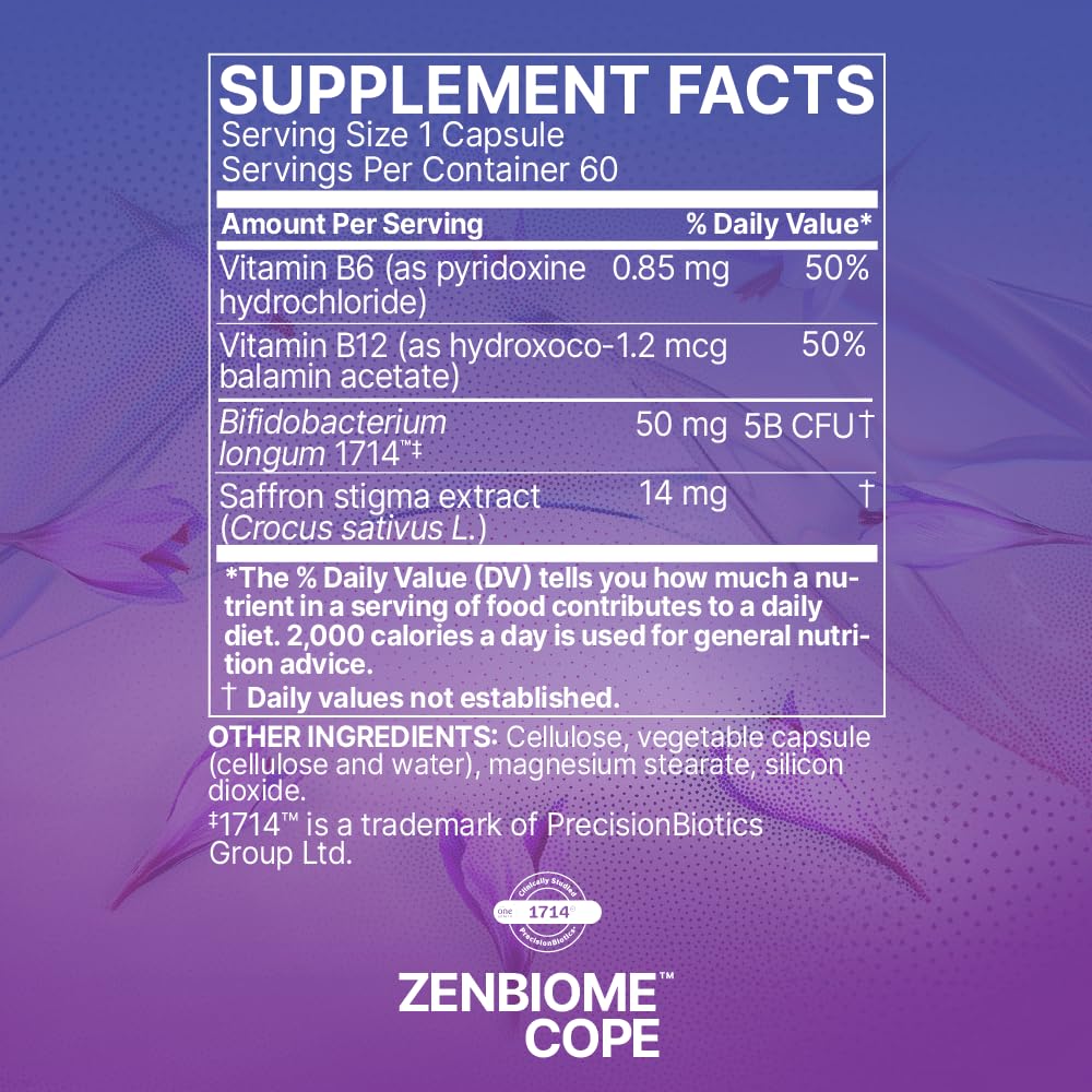 Microbiome Labs Zenbiome COPE Probiotic Mood Support Supplement with Vitamin B6, B12 & Saffron Extract - Gut Health Probiotics for Women & Men - Support the Gut-Brain Axis, 60 Capsules