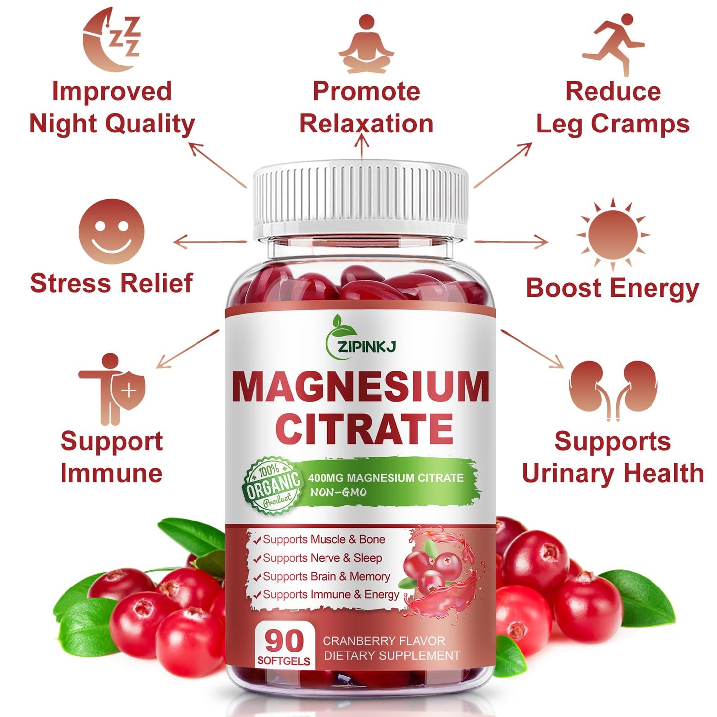 ZIPINKJ Magnesium Citrate Softgels with Vitamin D3, Vitamin B6 and Cranberry Extract, 180 Count