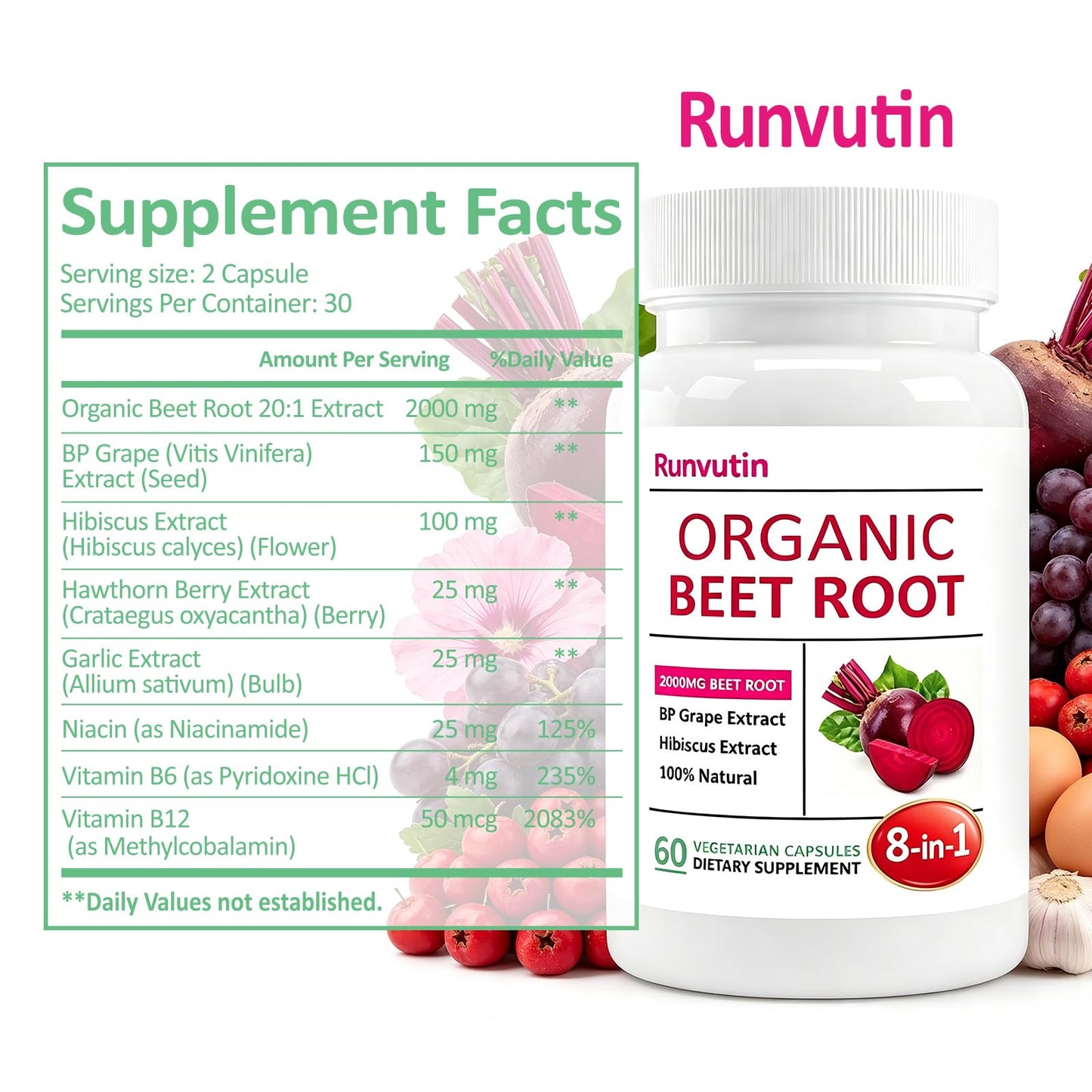 Runvutin Organic Beet Root Capsules 2000mg Beet Root Powder, Blood Pressure & Nitric Oxide Support, Digestive Health, 120 Capsules