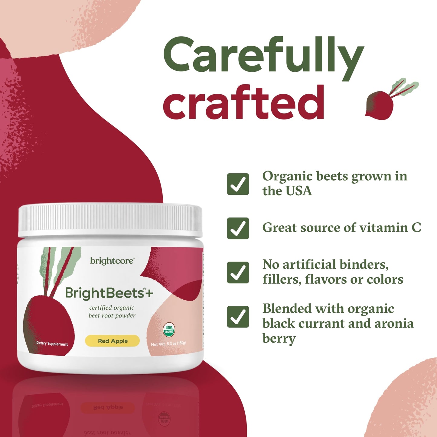 Brightcore BrightBeets+ Organic Beet Root, Red Apple Flavor, Powder, 5.2911 oz