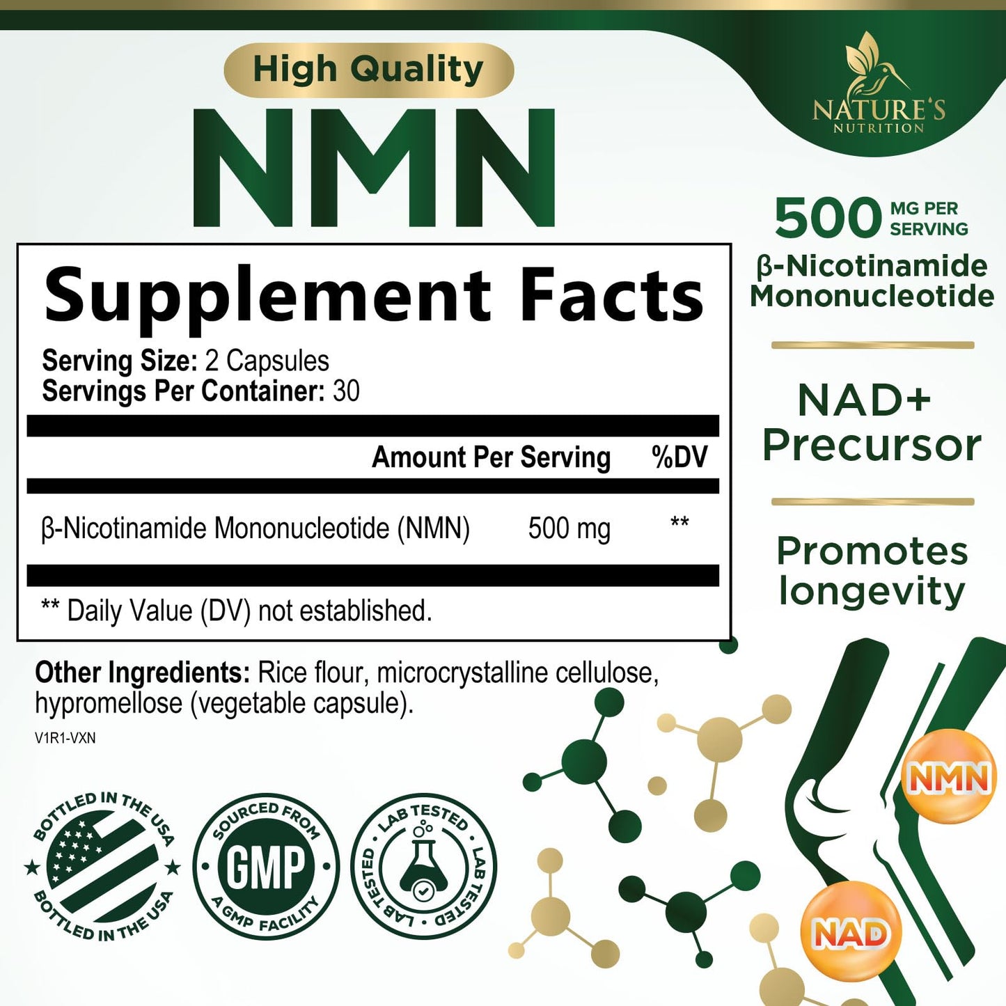 Nature's Nutrition NMN Supplement 500 mg β-Nicotinamide Mononucleotide - NAD+ Precursor - Vegan Capsules, 60 Capsules