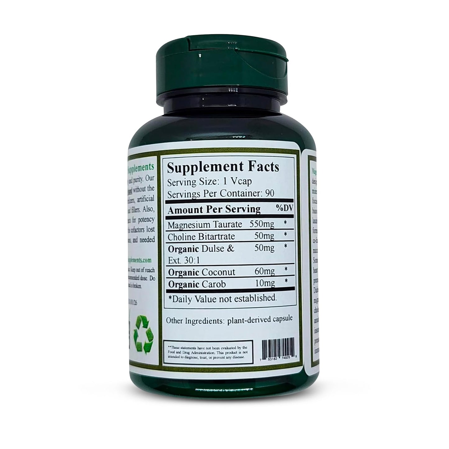 Green Organic Supplements Magnesium Taurate High Absorbable 90 Capsules