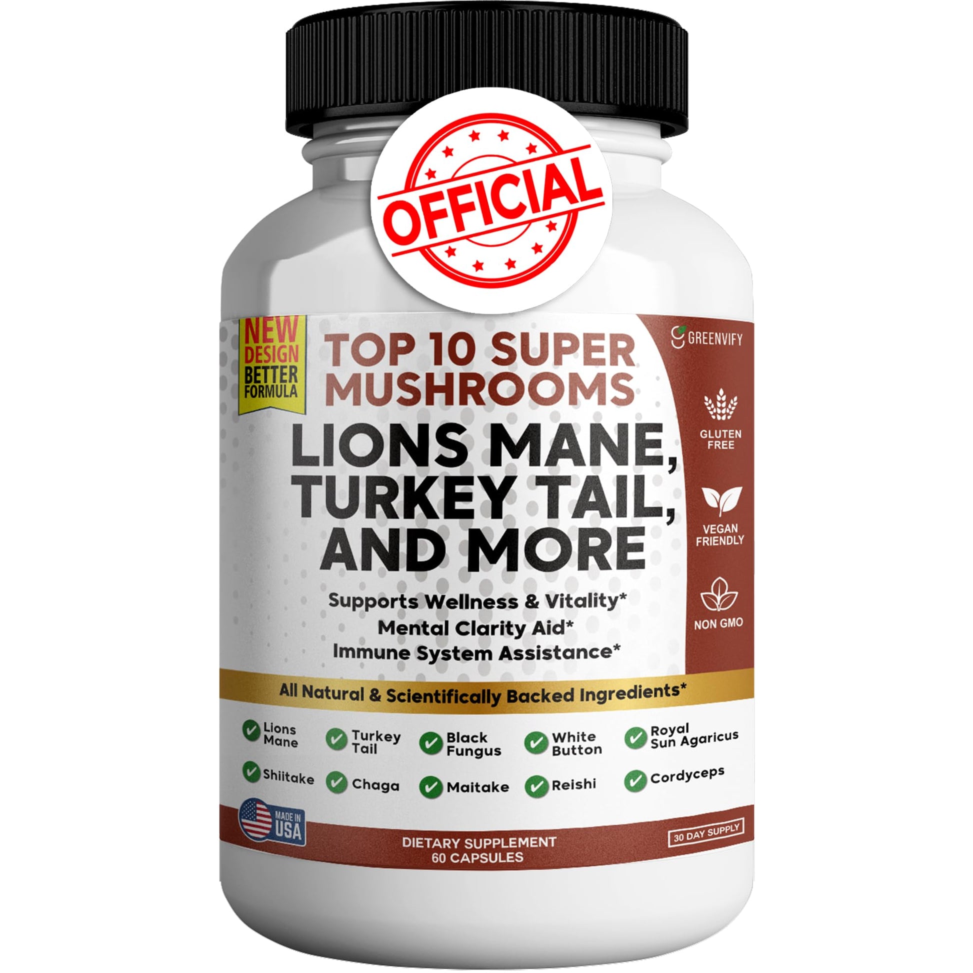 GREENVIFY Super Mushrooms 10 in 1 Lions Mane Turkey Tail Chaga Reishi Cordyceps Shiitake Extracts, 60 Capsules