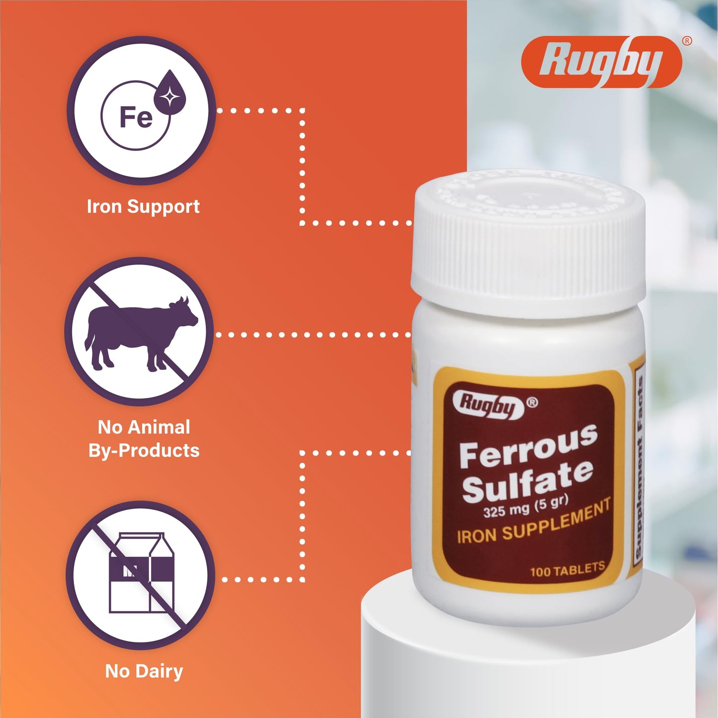 Rugby Laboratories Ferrous Sulfate 325mg Tablets, 100 Count