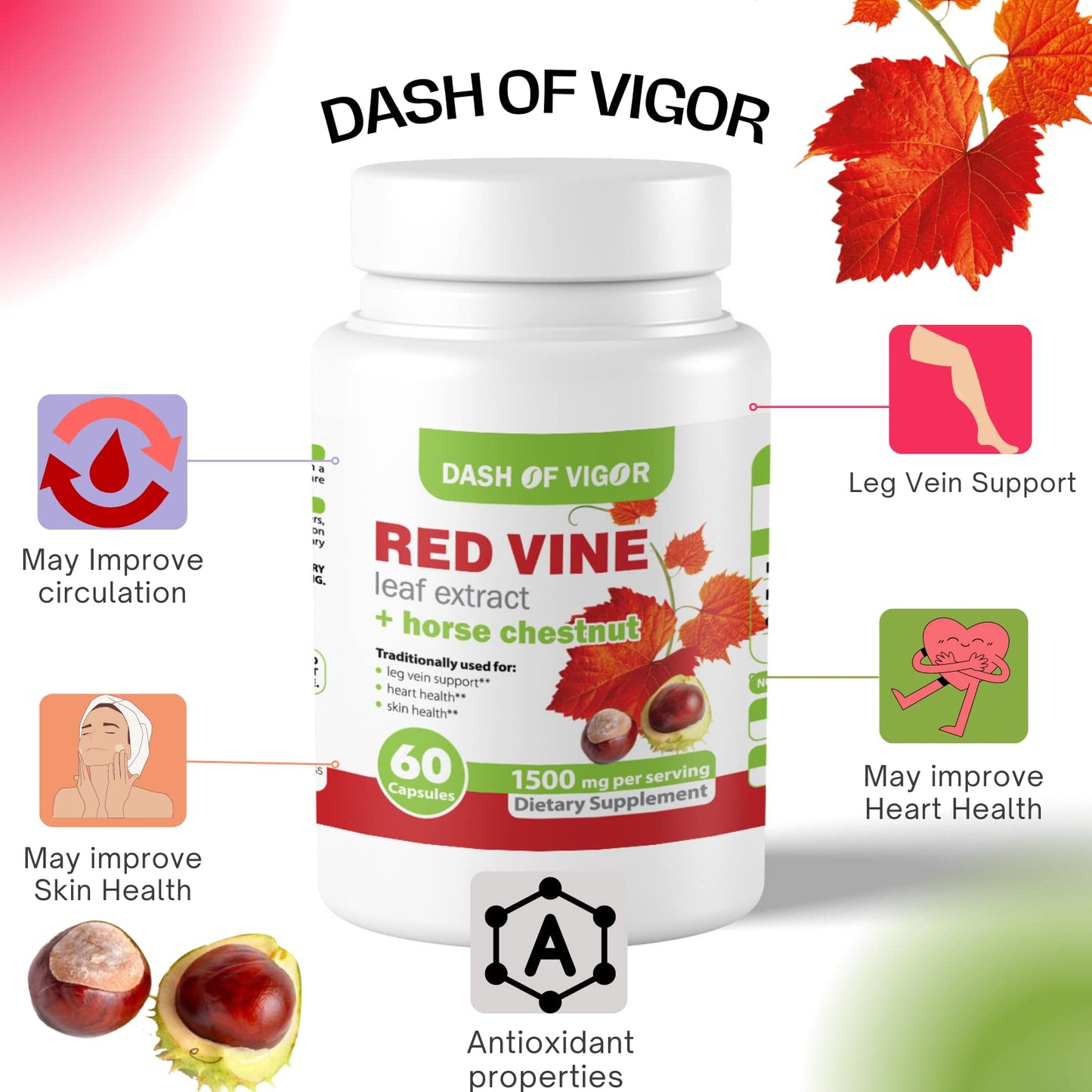DASH OF VIGOR DOFV Red Vine Leaf Extract (Vitis Vinifera) and Horse Chestnut Extract, Red Vine Extract 1500 mg Capsules, 60 Count