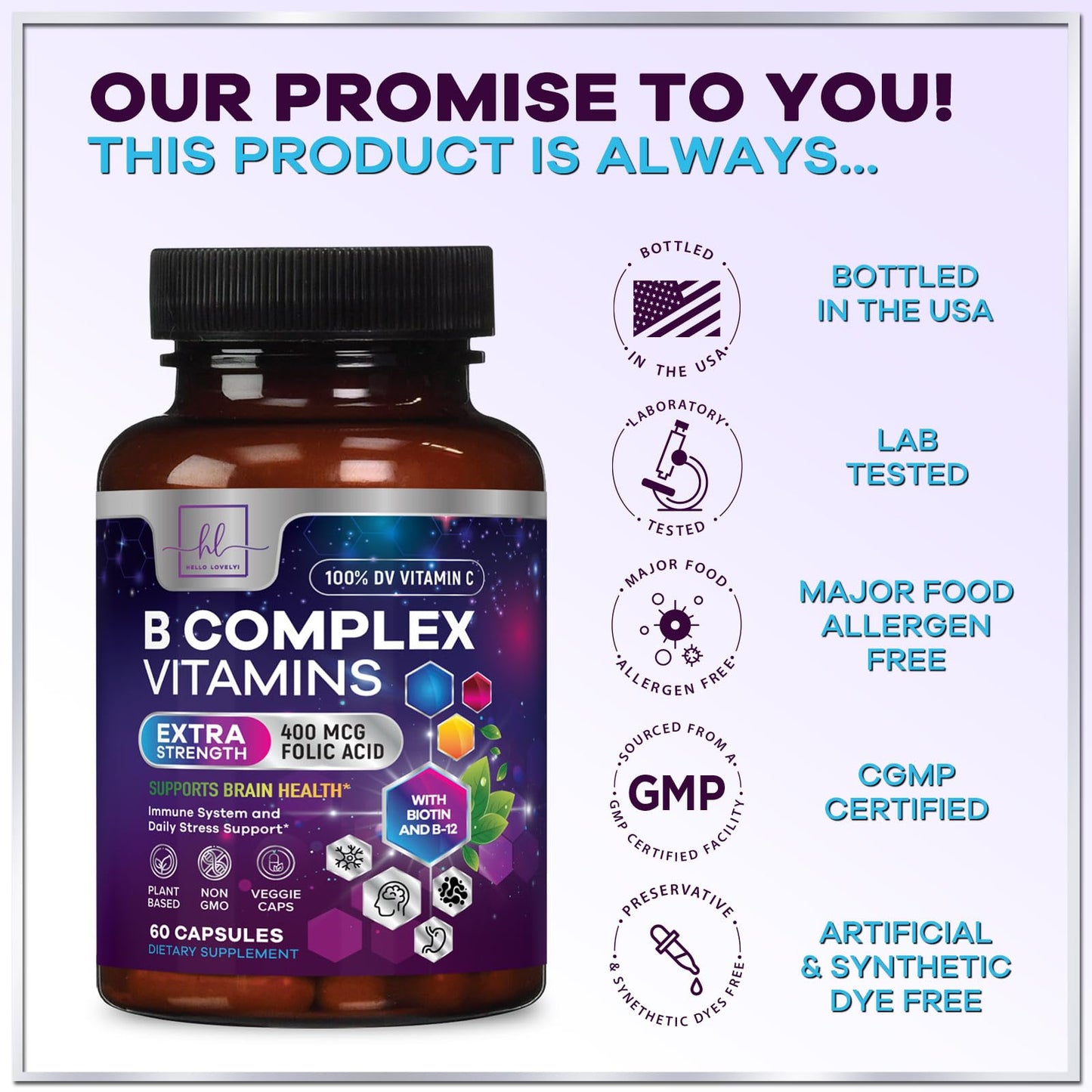 Hello Lovely! B Complex Vitamin Supplement Capsule, 60 Count