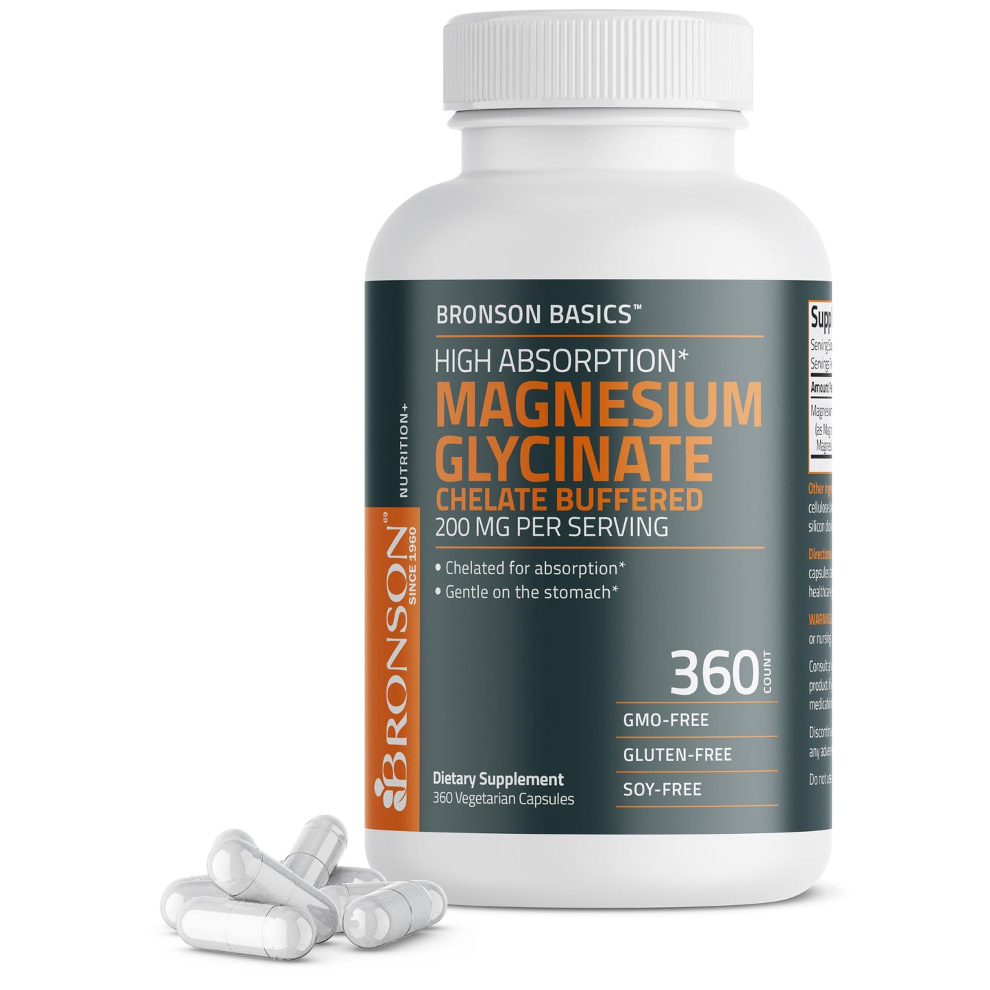 Bronson Magnesium Glycinate 200mg High Absorption Chelated Buffered Gentle On The Stomach Non-GMO, 360 Capsules
