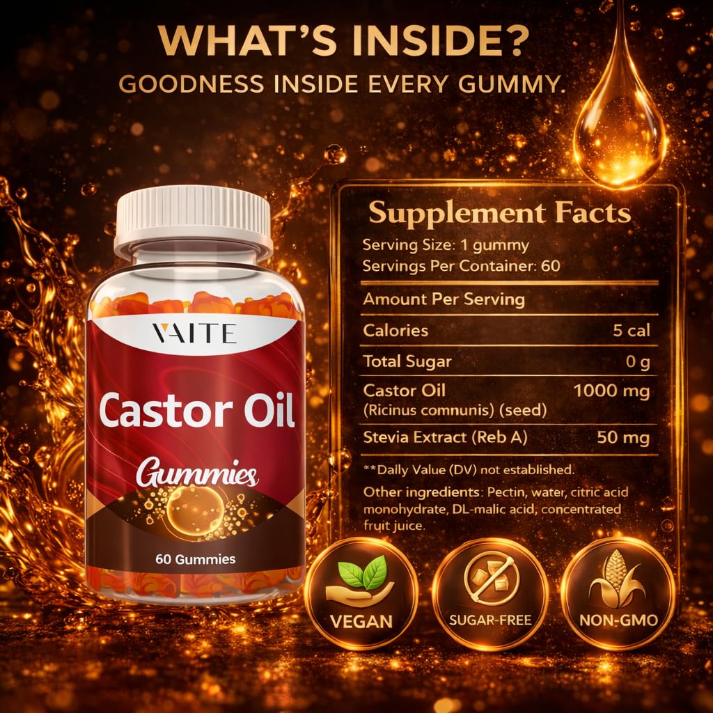 VAITE Castor Oil Gummies 1000mg, 60 Chewables