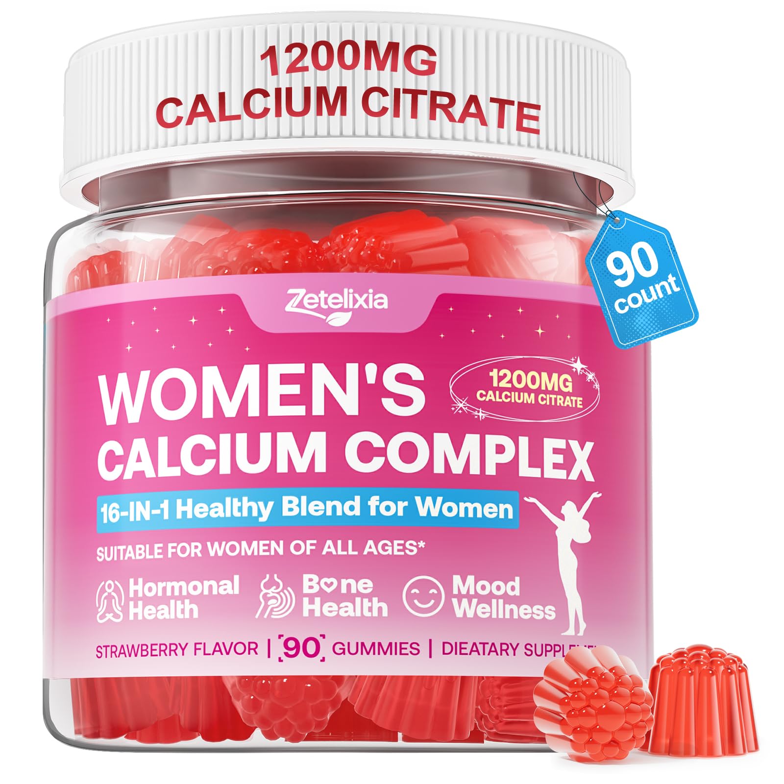 Zetelixia Calcium Gummies for Women with Calcium Citrate 1200mg, Vitamin D3 & K2, Collagen & Biotin, Sugar Free, Non-GMO, Gluten-Free, Strawberry Flavor, 90 Count