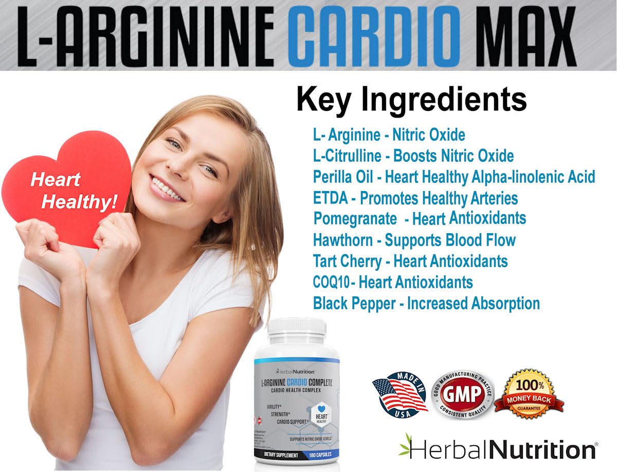 Herbal Nutrition L-Arginine Cardio Complete Nitric Oxide Support Formula, 180 Capsules