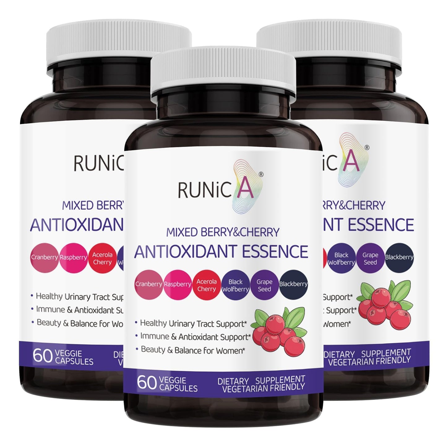 RUNICA 6X 6-in-1 Mixed Berry & Cherry Antioxidant Supplement for Urinary Tract Health & Immune Support Capsules, 180 Count