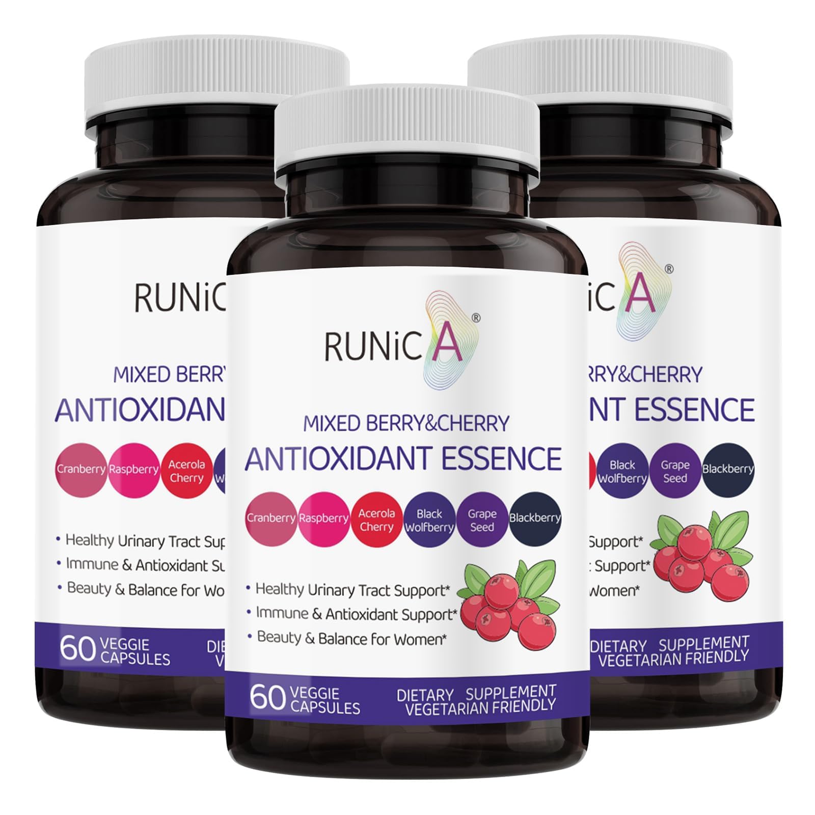 RUNICA 6X 6-in-1 Mixed Berry & Cherry Antioxidant Supplement for Urinary Tract Health & Immune Support Capsules, 180 Count