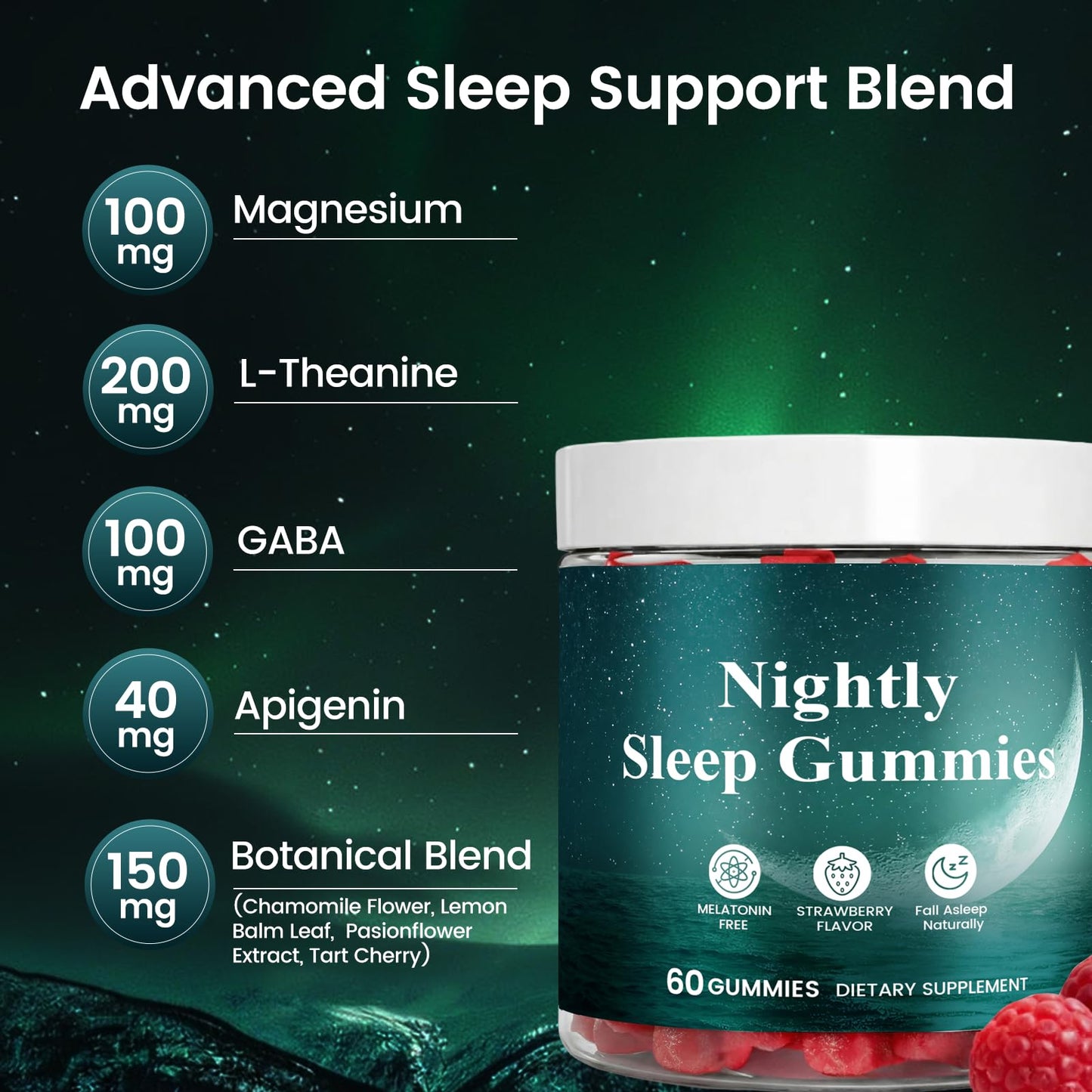 TOGOLIUN Nightly Sleep Gummies for Adults, No Melatonin, with Magnesium, L-Theanine, GABA, and Glycine, Calm Mind & Restful Sleep Support, Strawberry Flavor, 60 Gummies