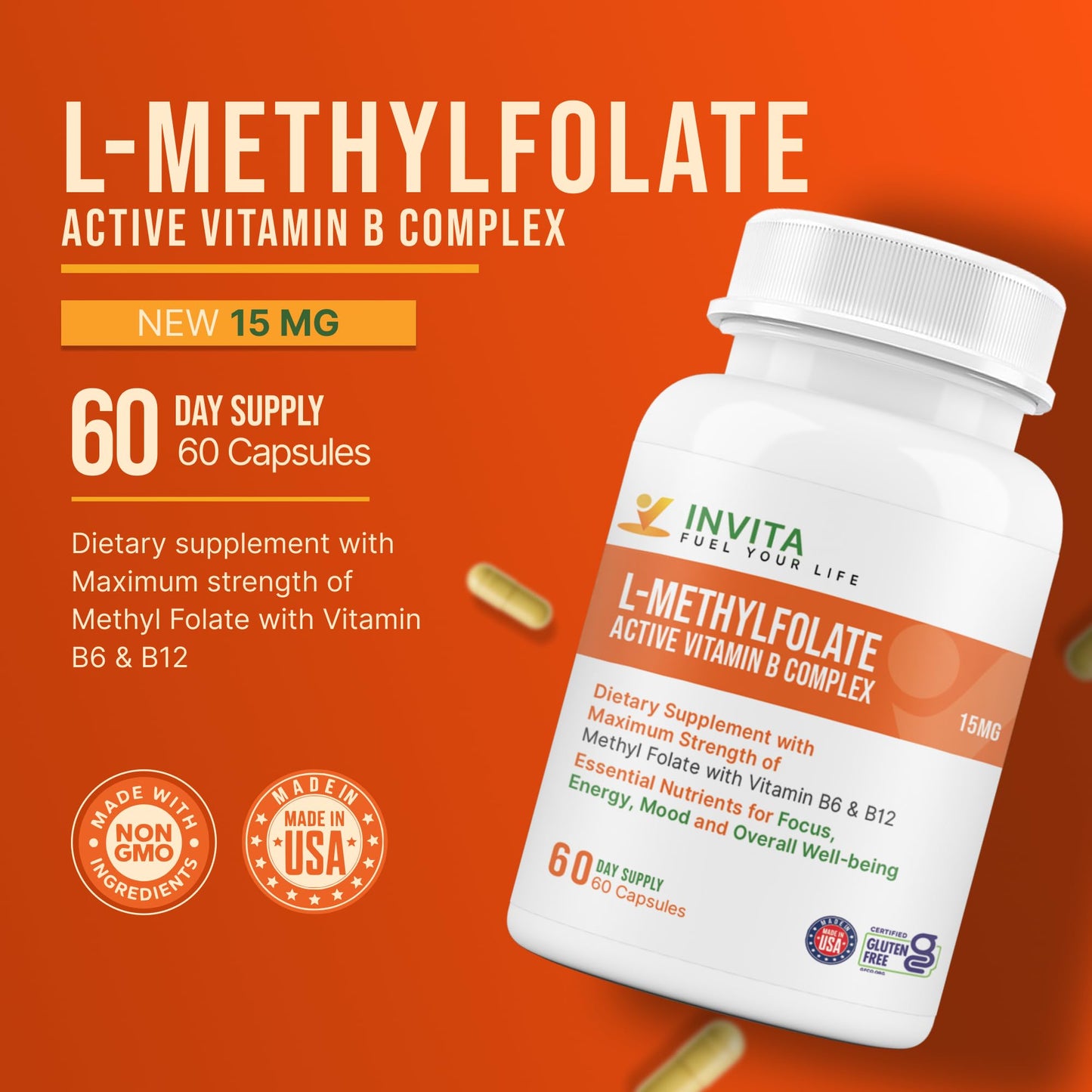INVITA L-Methylfolate 15mg + Active Vitamin B Complex Capsules 60 Count