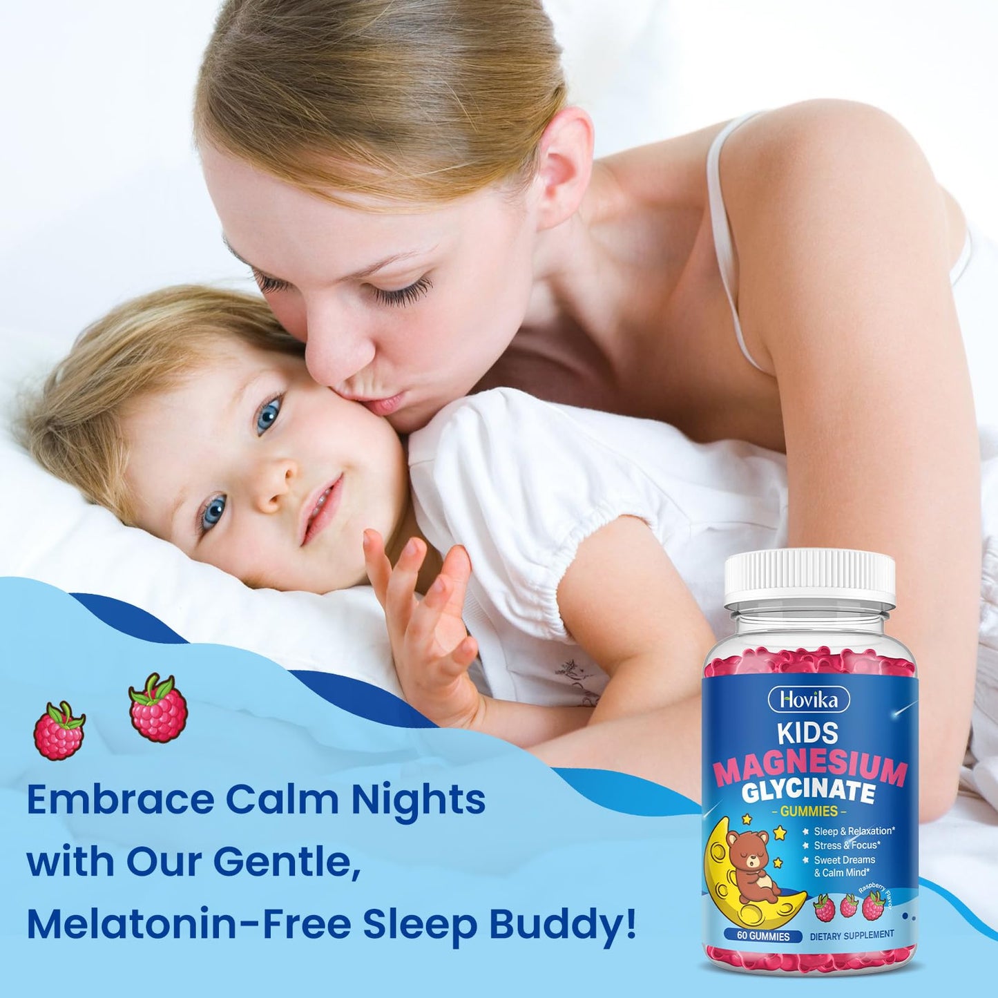 Hovika Magnesium Glycinate Gummies for Kids with L-Theanine, Omega-3, Vitamin B6, D3, Zinc - Sugar Free Raspberry, 60 Gummies