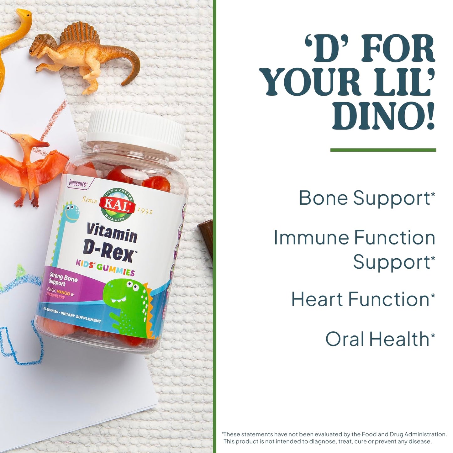 KAL Vitamin D-Rex Vitamin D Gummies for Kids - Vitamin D3 - Peach, Mango, and Strawberry Flavors - Immune, Heart, Bone & Oral Support - Vegetarian, Gluten Free - 60 Servings, 60 Gummies