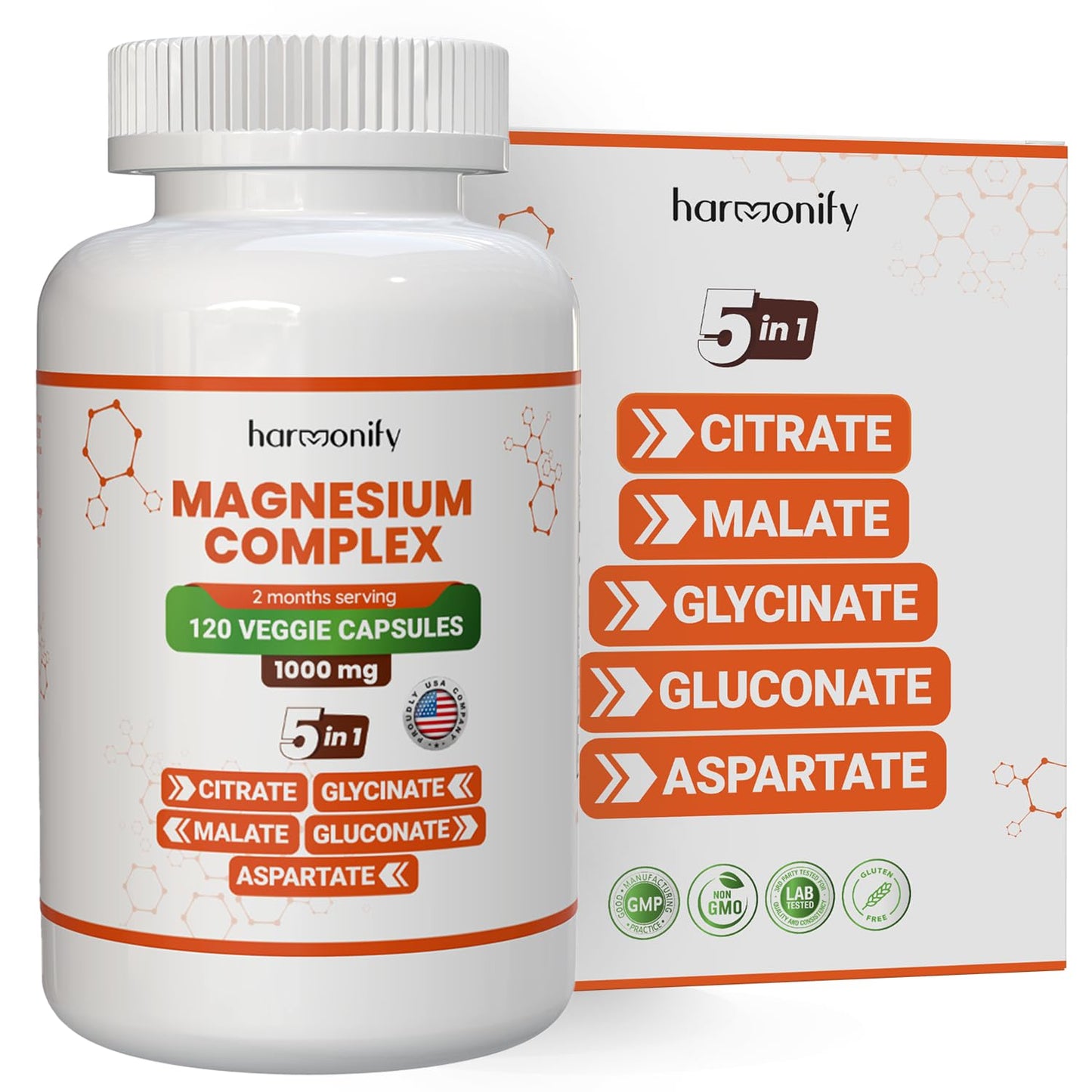 HARMONIFY Magnesium Glycinate Citrate Malate Aspartate Gluconate 5 in 1 Formula Capsule, 120 Count
