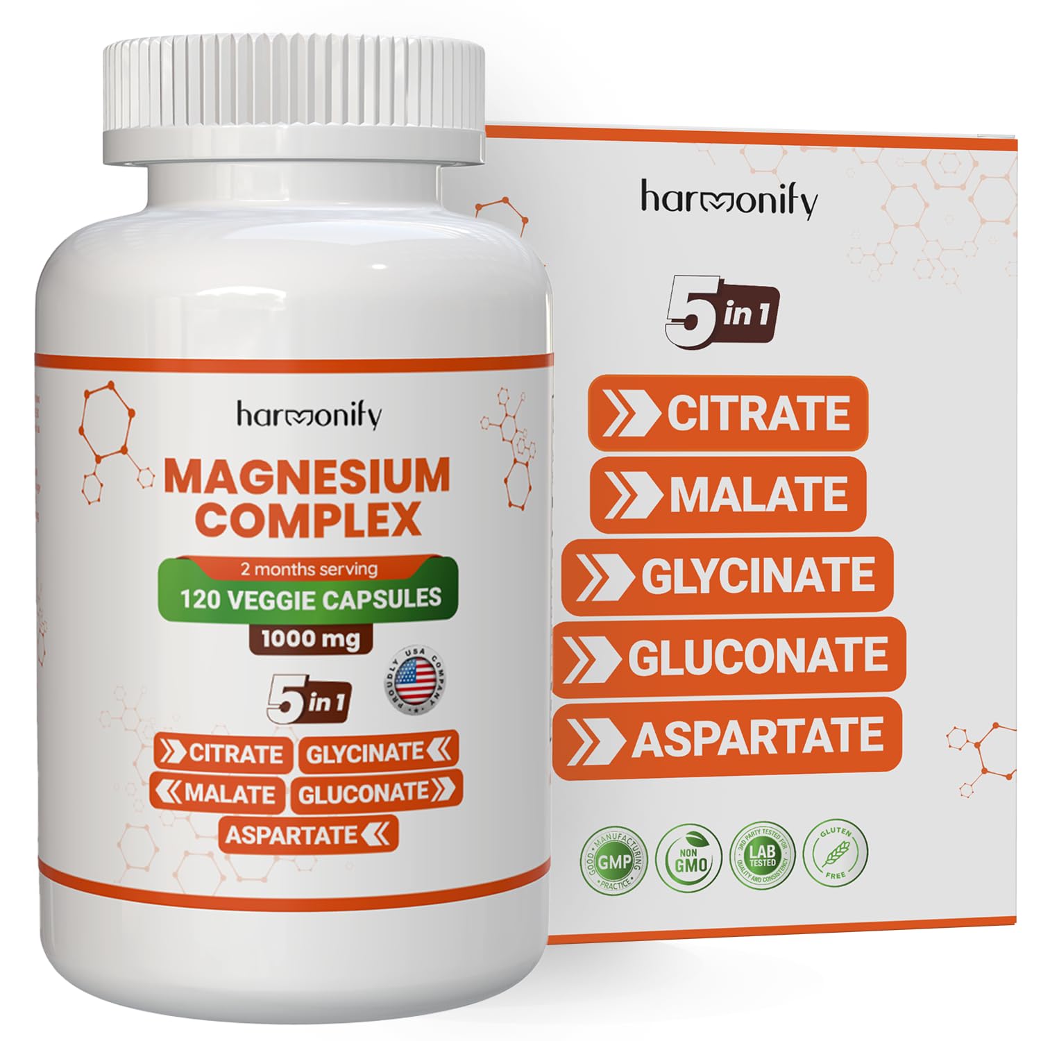 HARMONIFY Magnesium Glycinate Citrate Malate Aspartate Gluconate 5 in 1 Formula Capsule, 120 Count