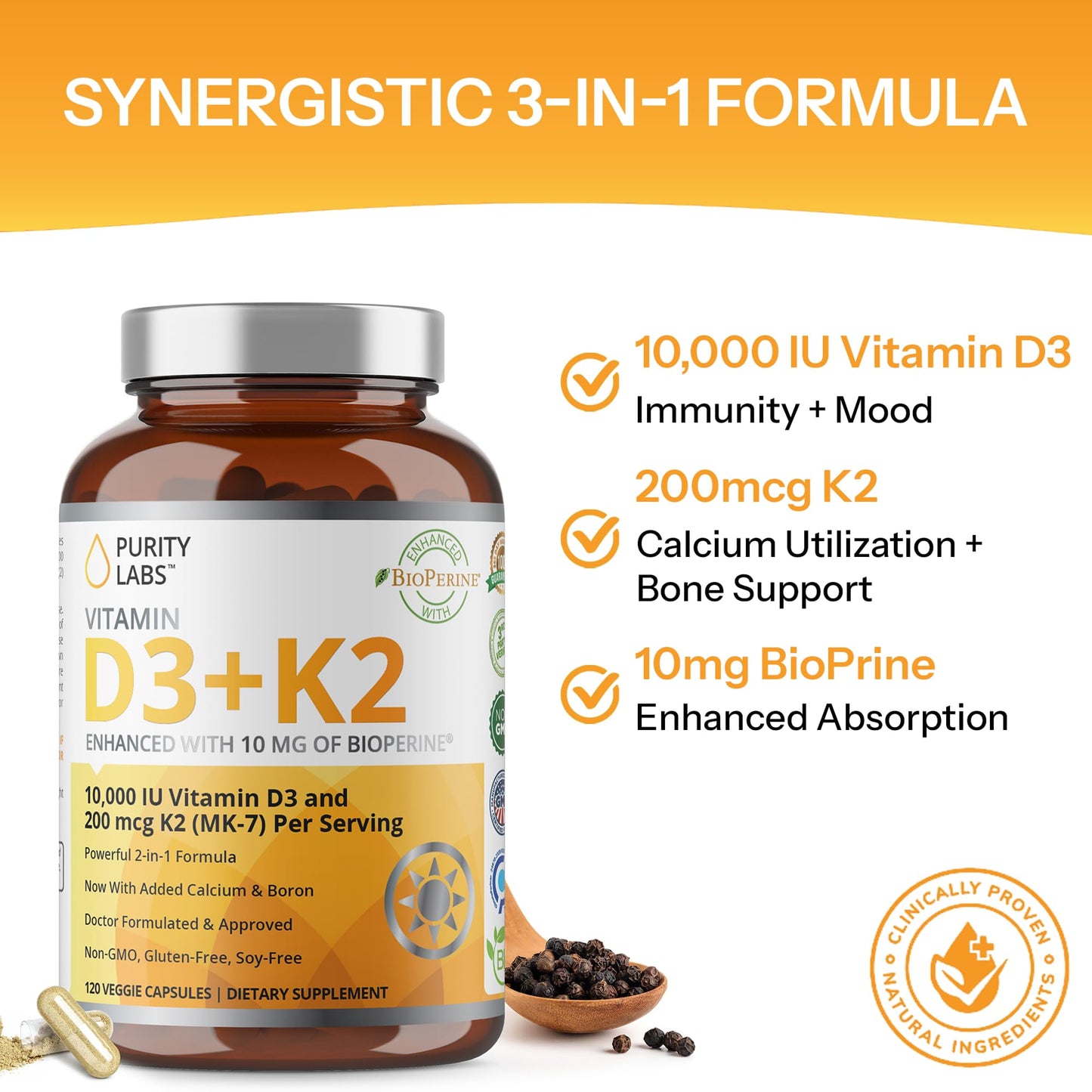 Purity Labs Vitamin D3 K2 10000 IU, 250mcg D3 + 200mcg K2 MK7 Capsule, 120 Count