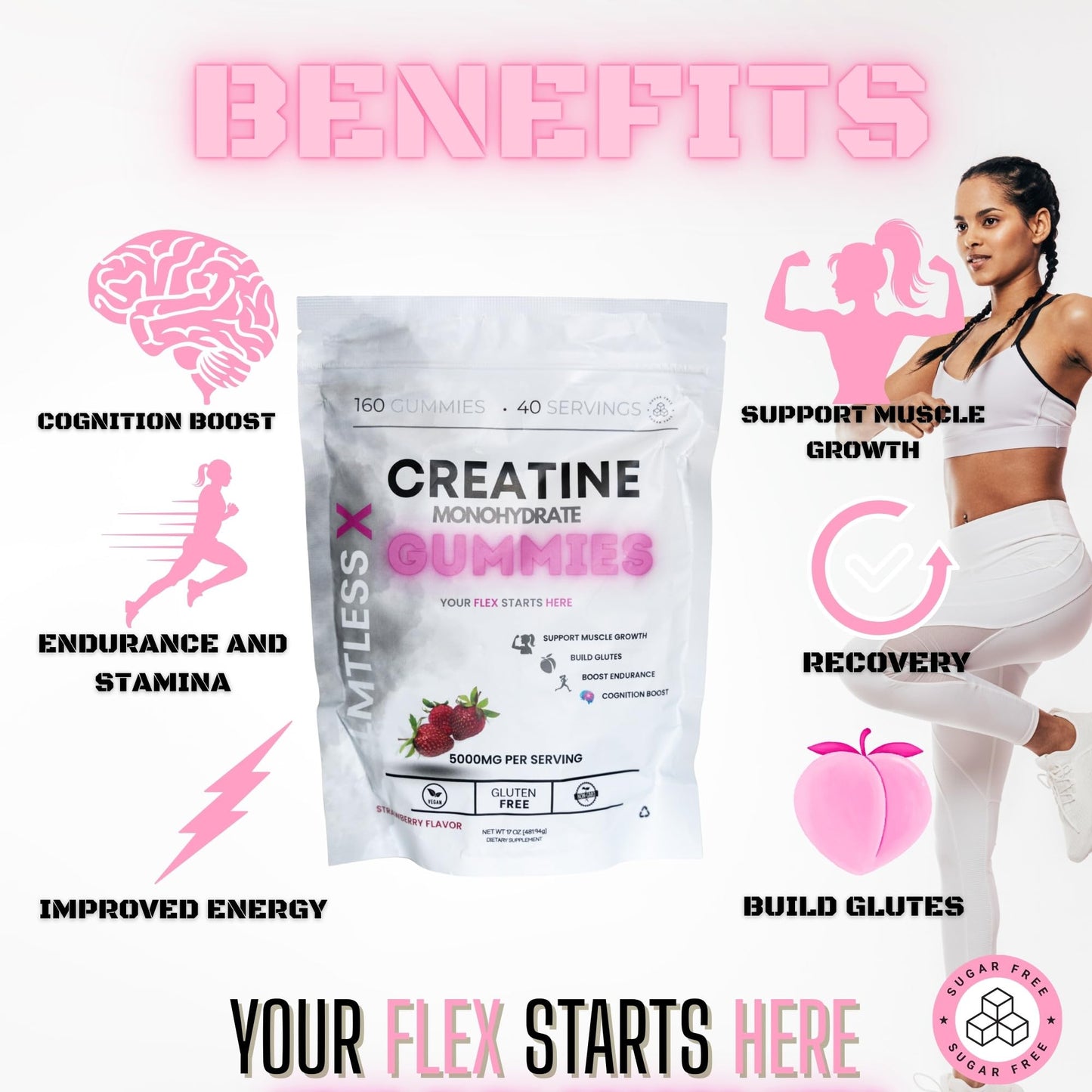 LMTLESS X Creatine For Women Sugar Free Creatine Monohydrate Gummies 160 Count
