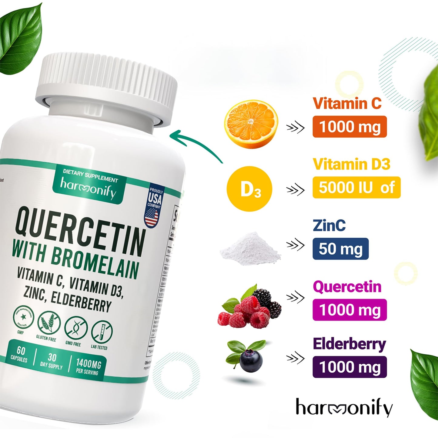 HARMONIFY Quercetin with Bromelain Immune Blend with Zinc Elderberry Vitamin C & D 5000 IU, Artemisinin, Irish Sea Moss, Echinacea, Garlic, Turmeric, Reishi and Ginger, 60 Capsules