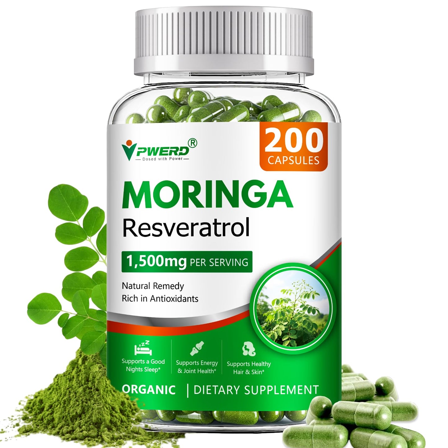 PWERD Moringa Pure Powder Oleifera Leaf Gummies, 200 Count