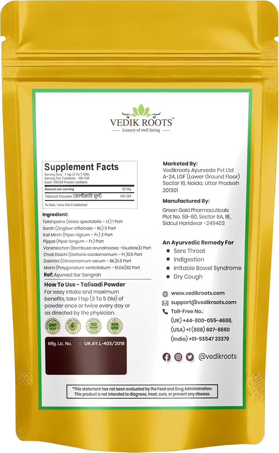 VEDIKROOTS Talisadi Powder 3.53 oz