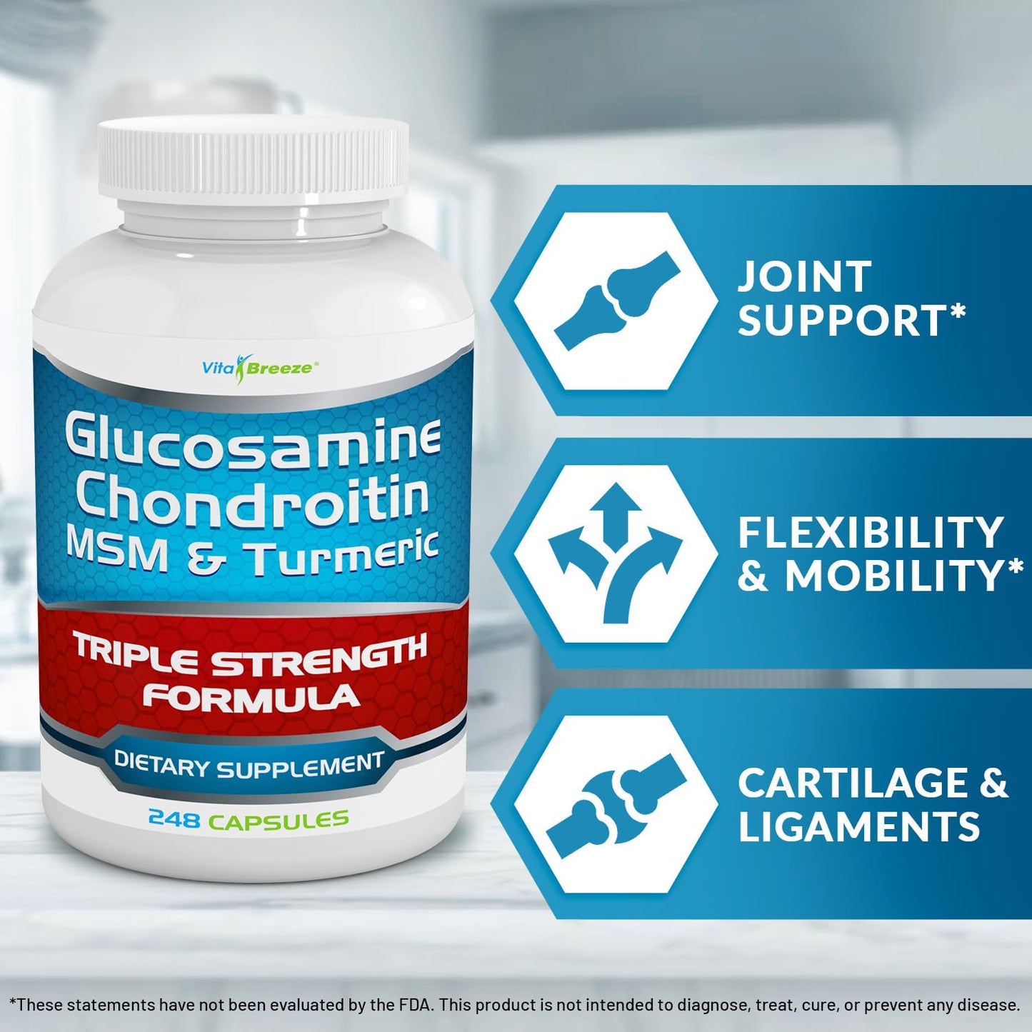 VitaBreeze Glucosamine Chondroitin MSM & Turmeric Dietary Supplement Capsules 248