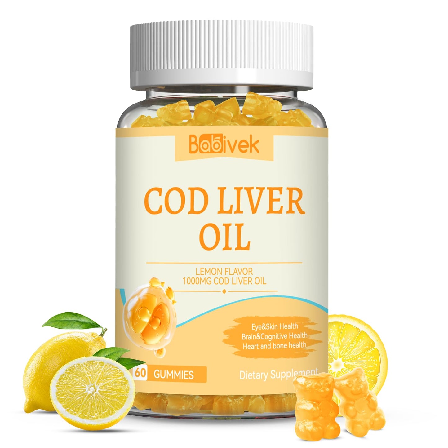 Babivek Cod Liver Oil Gummies 1000mg for Adults & Kids Fish Oil Supplement, 60 Count