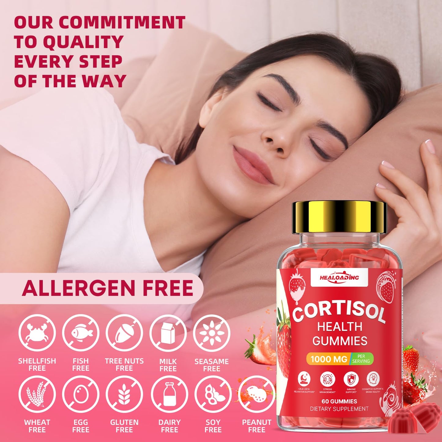 HEALOADING Cortisol Reducer Gummies for Women, with Ashwagandha, Magnesium, L-Theanine, Phosphatidylserine & Vitamin B12, 60 Gummies