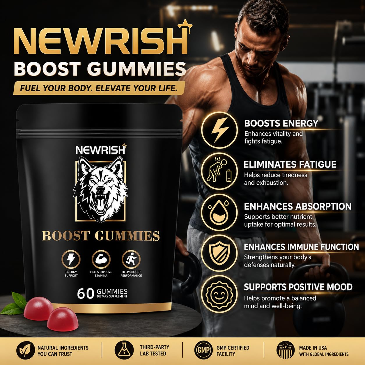 Newrish Testosterone Booster for Men Gummies, 60 Count