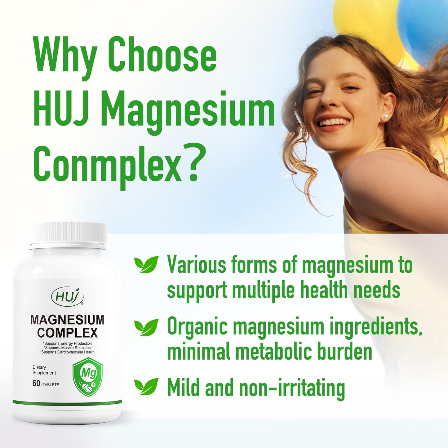 HUJ Magnesium Complex Supplement - Five Types of Magnesium - Supports Energy Production, Muscle Relaxation & Cardiovascular Health, 60 Tablets