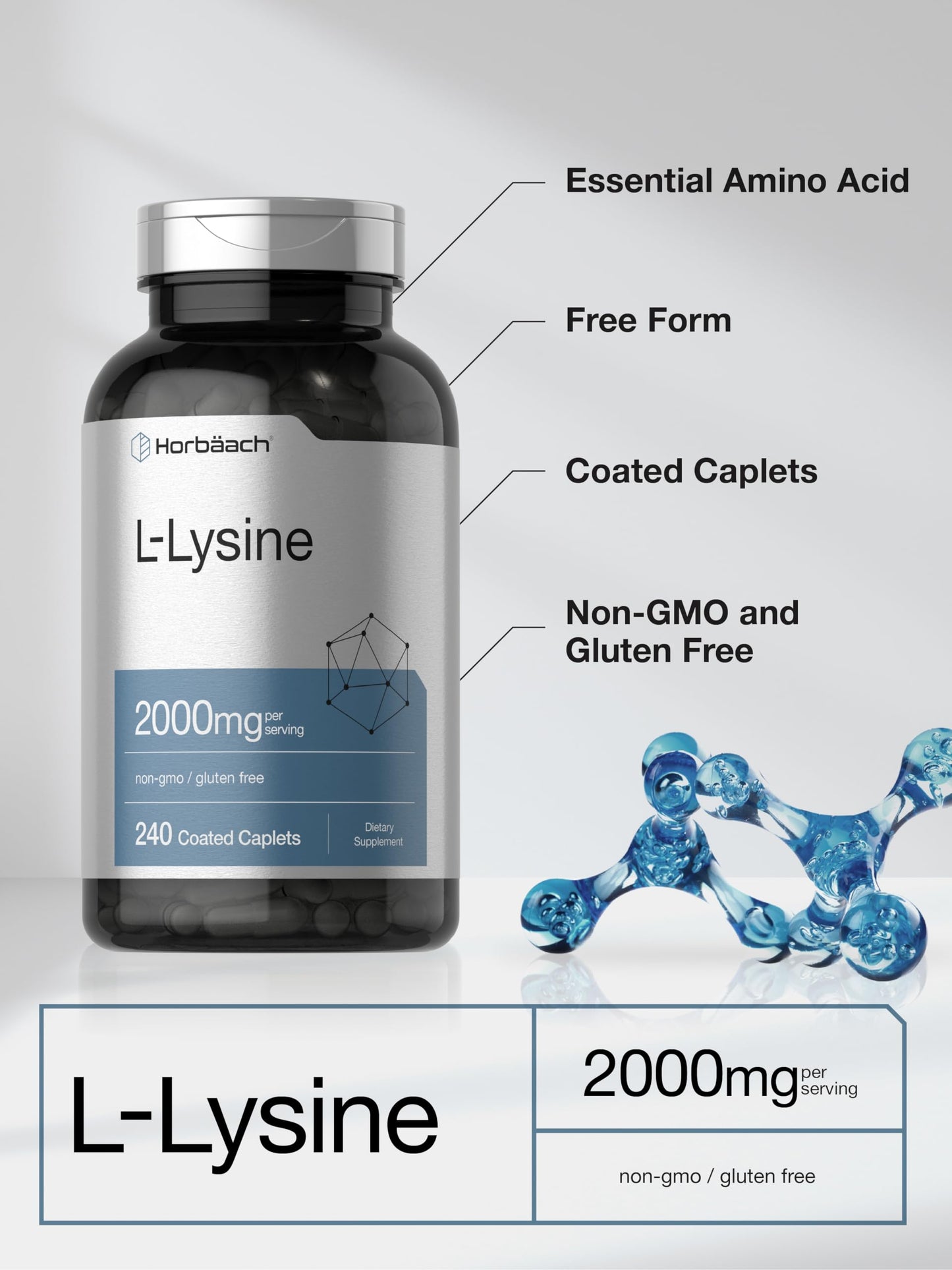Horbäach L-Lysine Supplement 2000mg Caplets, 240 Count