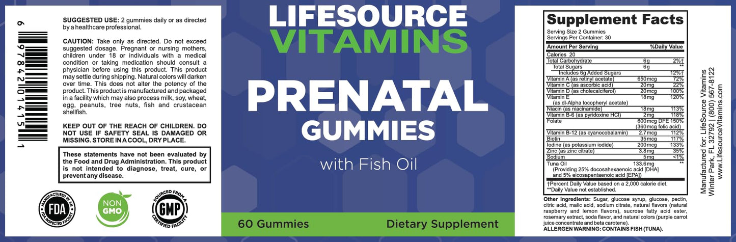 LifeSource Vitamins Prenatal Multi-Vitamins & Minerals with DHA - Omega 3 / Proprietary Formula Gummy 60 Count