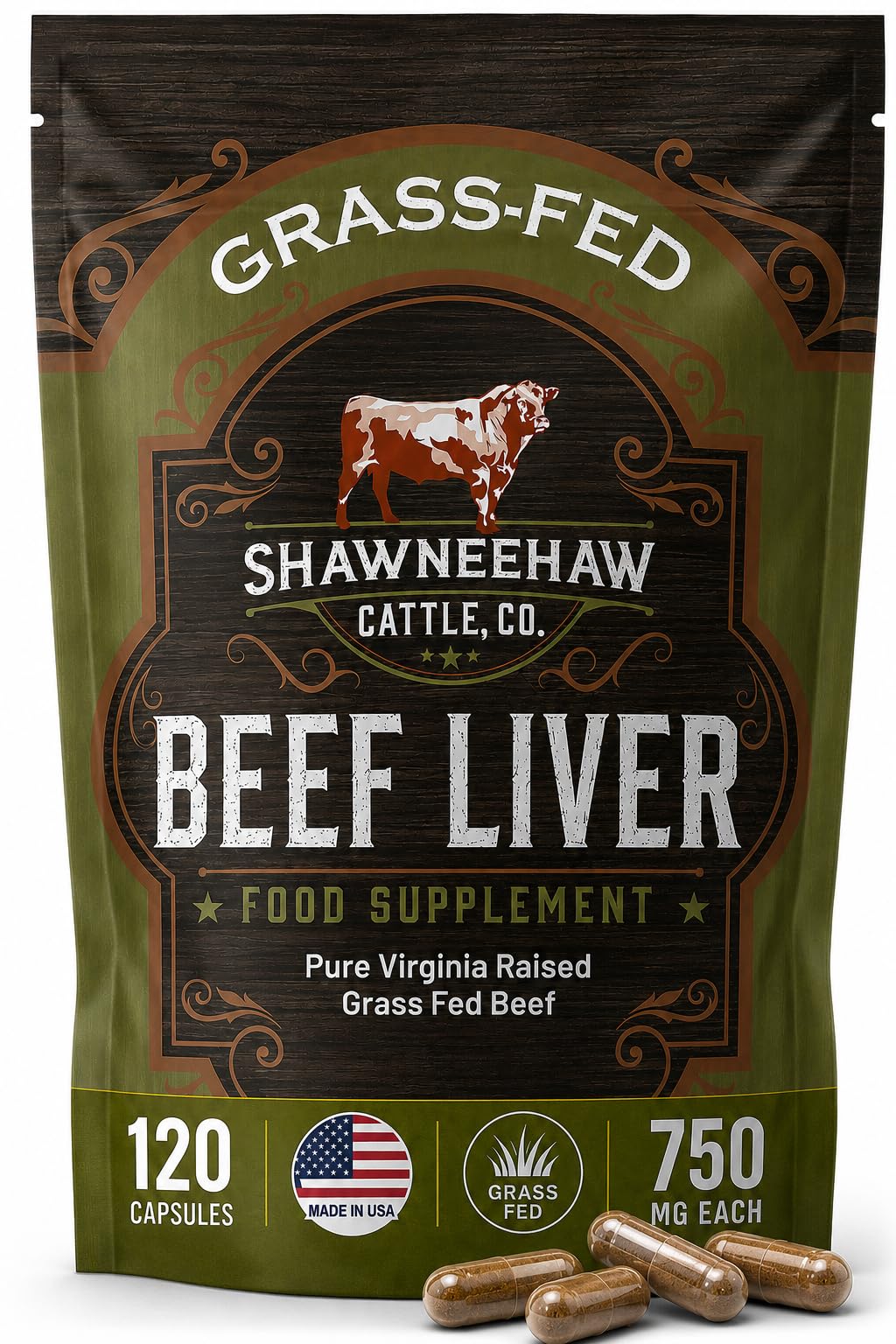 Shawneehaw Cattle Co. Grass Fed Beef Liver Capsules 3000 mg, Freeze Dried Desiccated Beef Liver, Pasture Raised, Non-GMO, Iron & Energy Support, Made in USA, 120 Capsules
