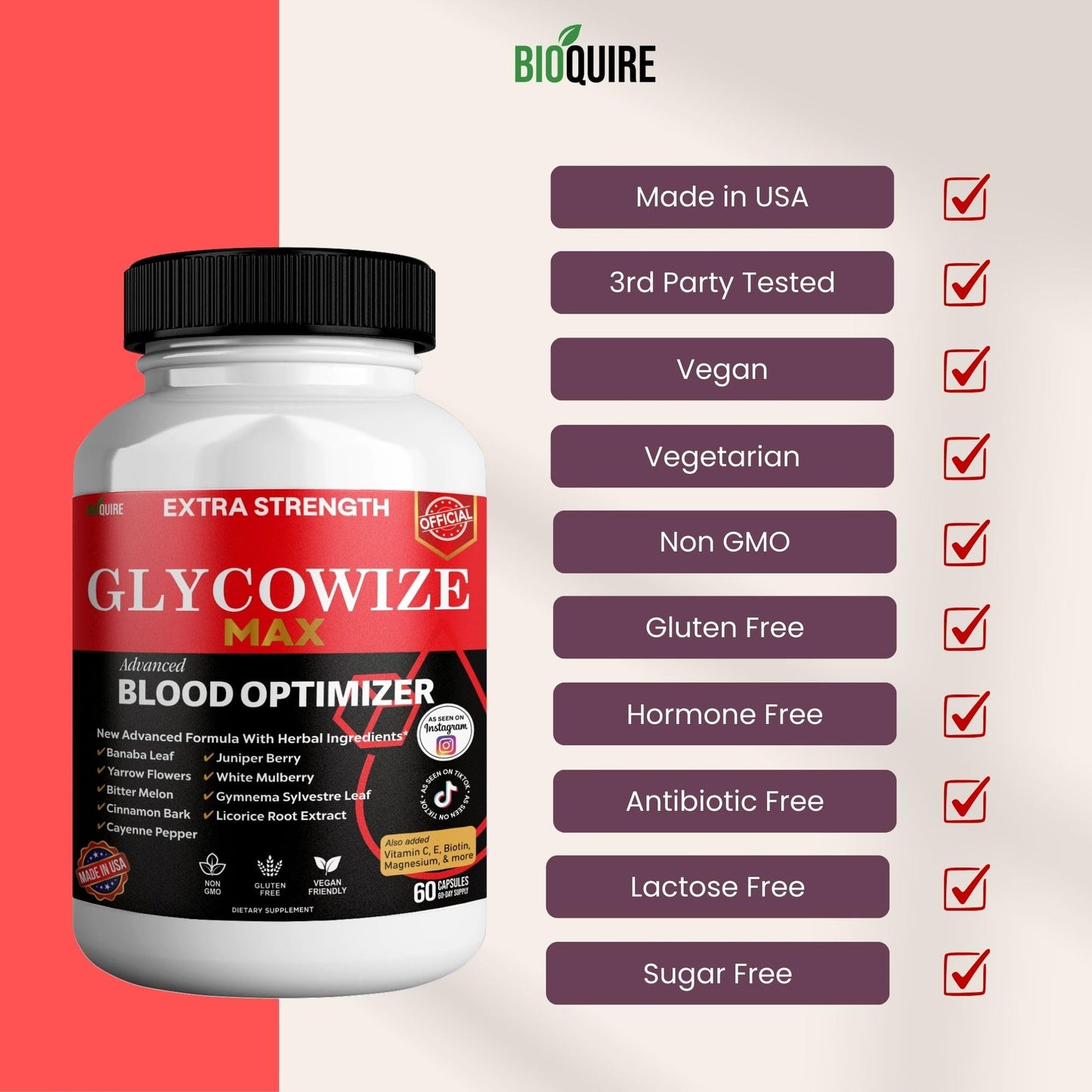 BIOQUIRE Glycowize Max Extra Strength Blood Optimizer Capsules, 60 Capsules