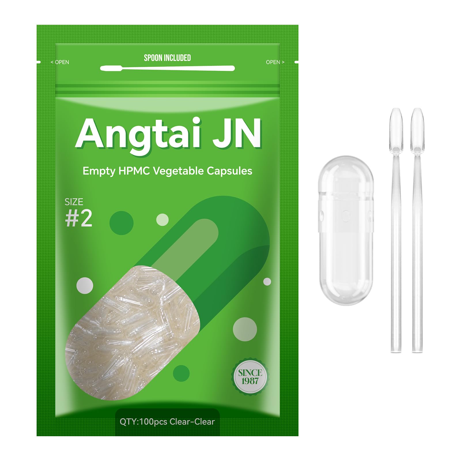 Angtai JN Vegan Empty Pill Capsules Size 2 Plant Based Clear, 100 Capsules