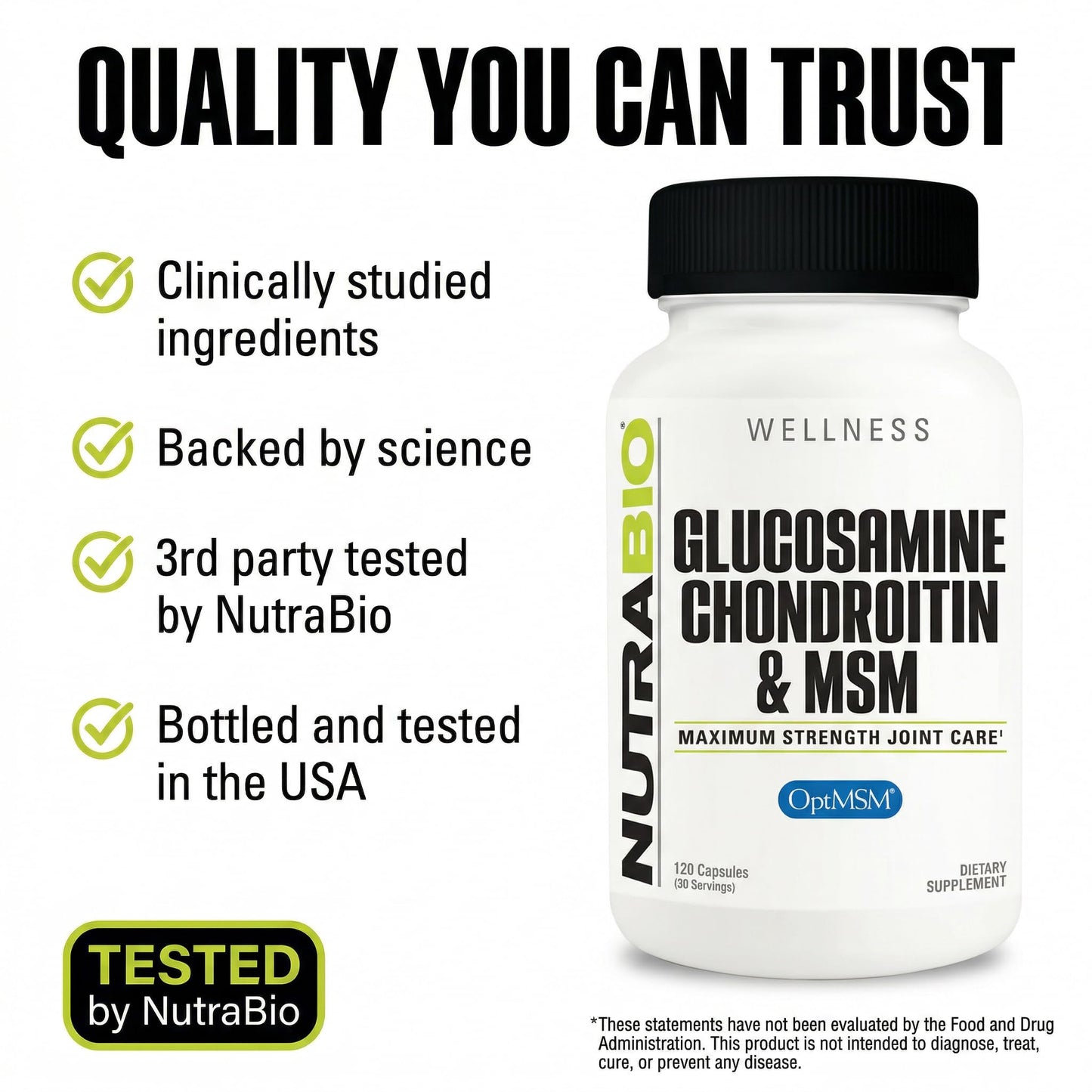 NutraBio Glucosamine Chondroitin & OptiMSM Joint Support Formula Supplement, 120 Capsules