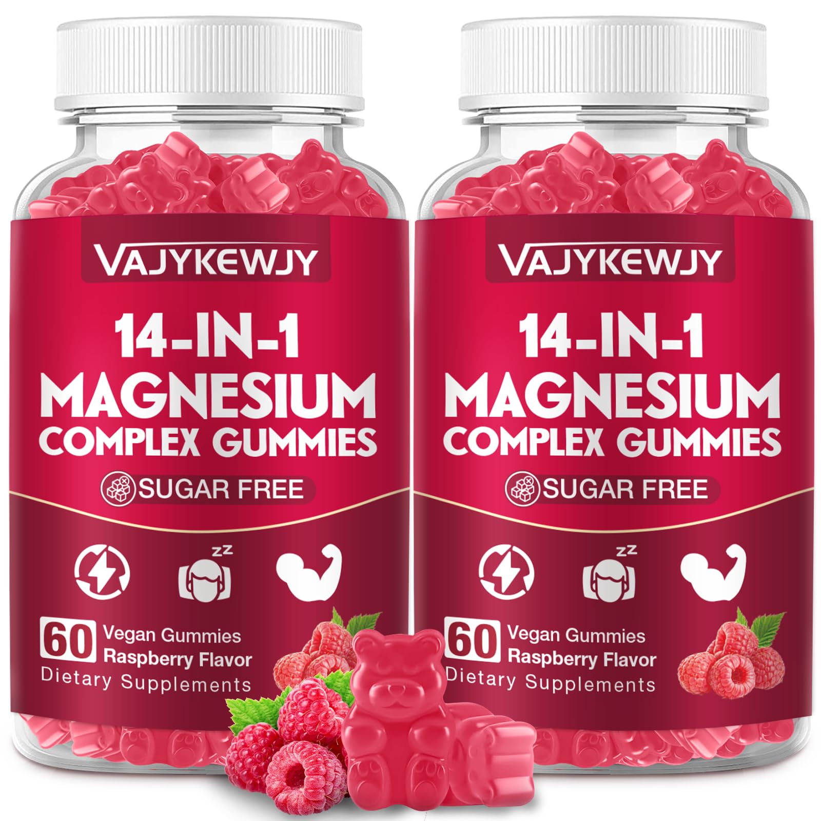 VAJYKEWJY Magnesium Complex Gummies 14-in-1 Formula with Ashwagandha, L-Theanine, Vitamin D3 & Zinc, Vegan Raspberry Flavor, 2 Pack