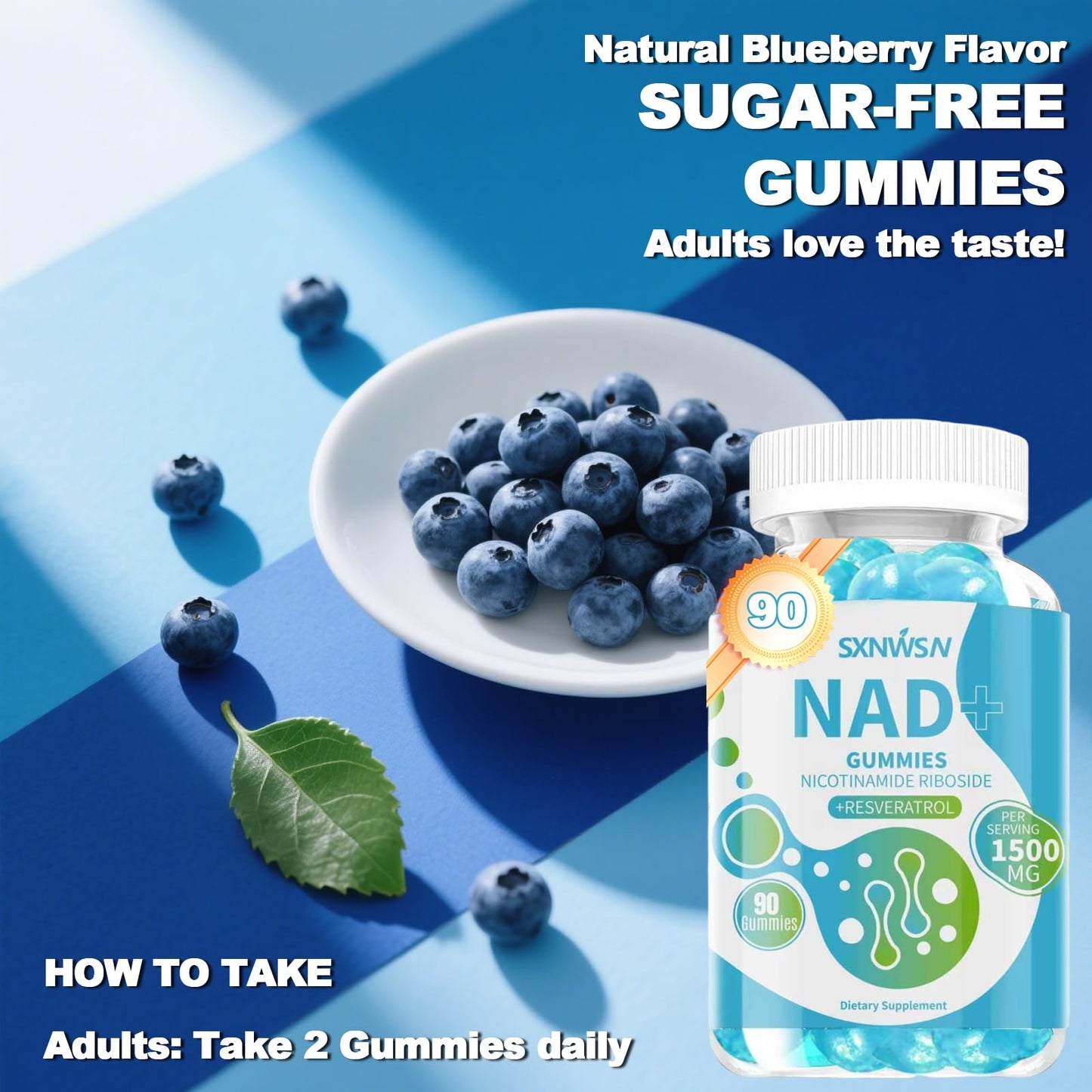 SXNWSN NAD+ Gummies with Nicotinamide Riboside, Trans-Resveratrol & Quercetin - Anti-Aging Energy Support & Cellular Health, Sugar-Free Blueberry Flavor 90 ct
