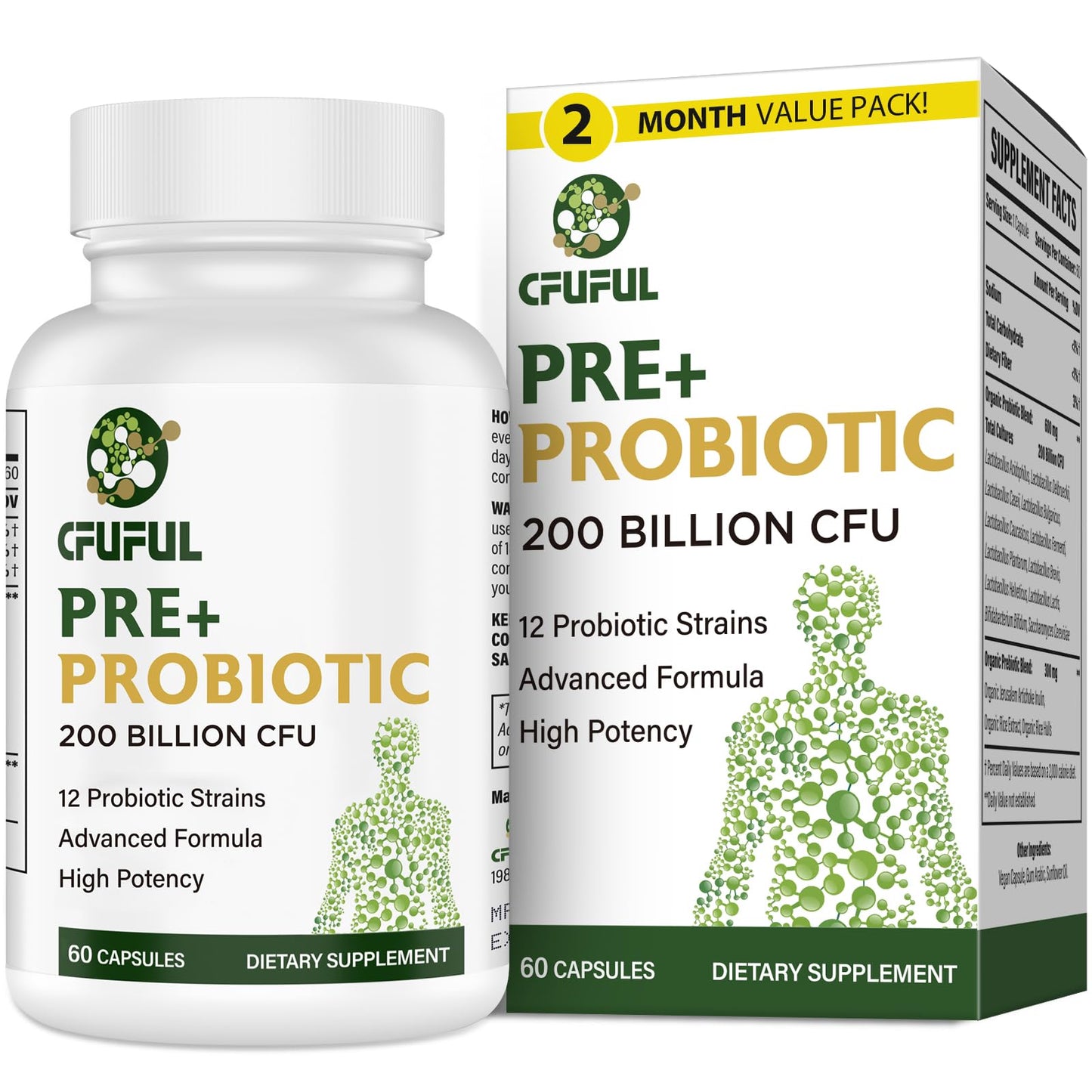 Cfuful Probiotics for Women & Men, 200 Billion CFU, 12 Strains with 3 Organic Prebiotics for Digestive Health, Capsule, 60 Count